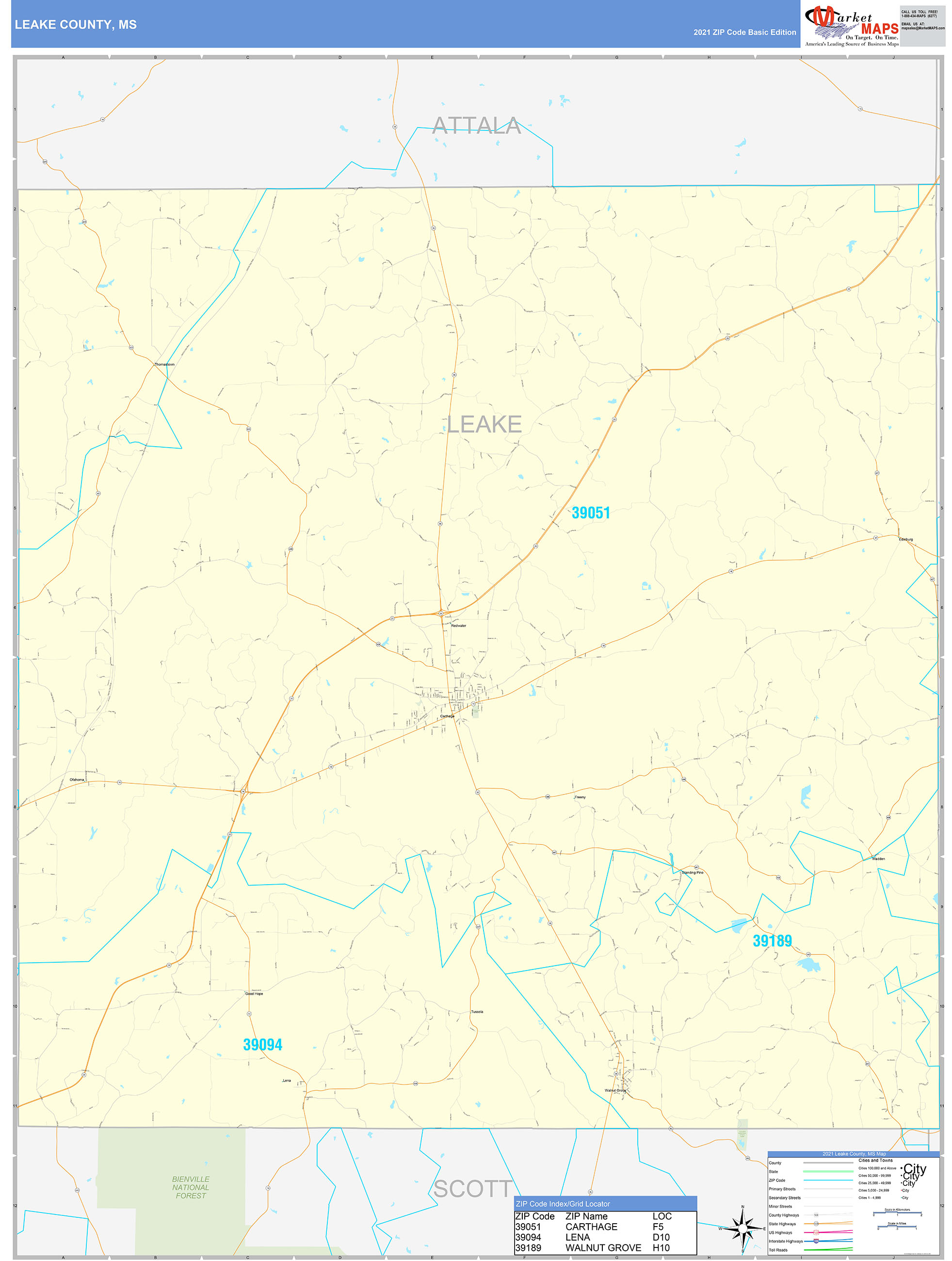Leake County, MS Zip Code Wall Map Basic Style by MarketMAPS