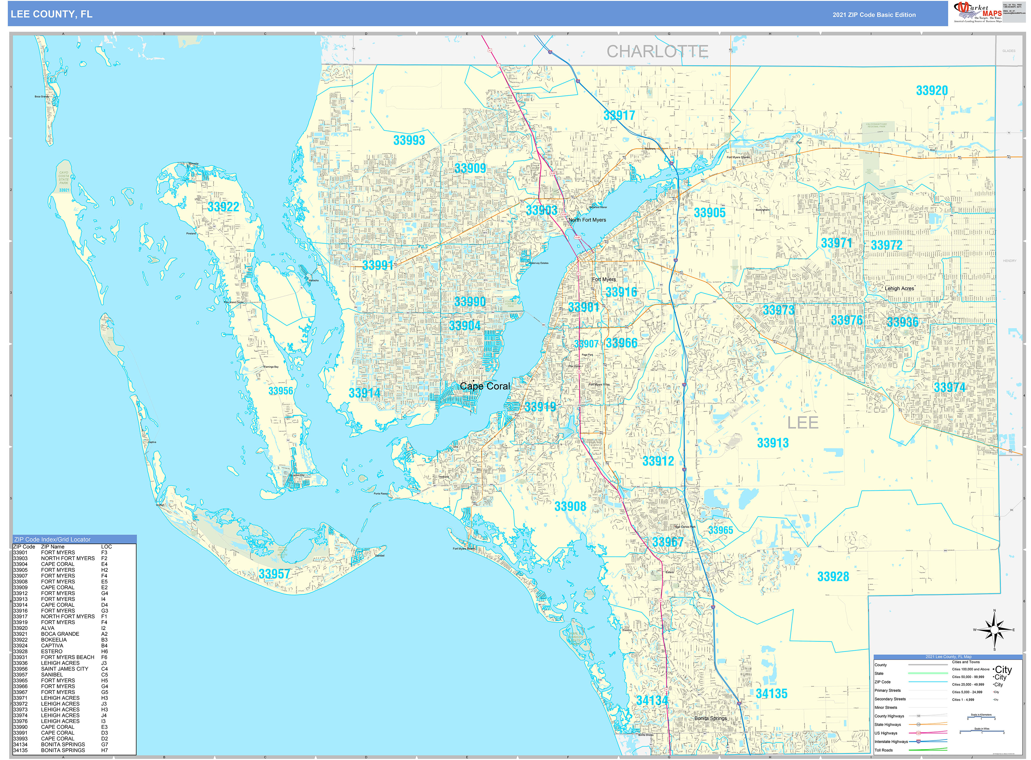 Lee County, FL Zip Code Wall Map Basic Style by MarketMAPS MapSales