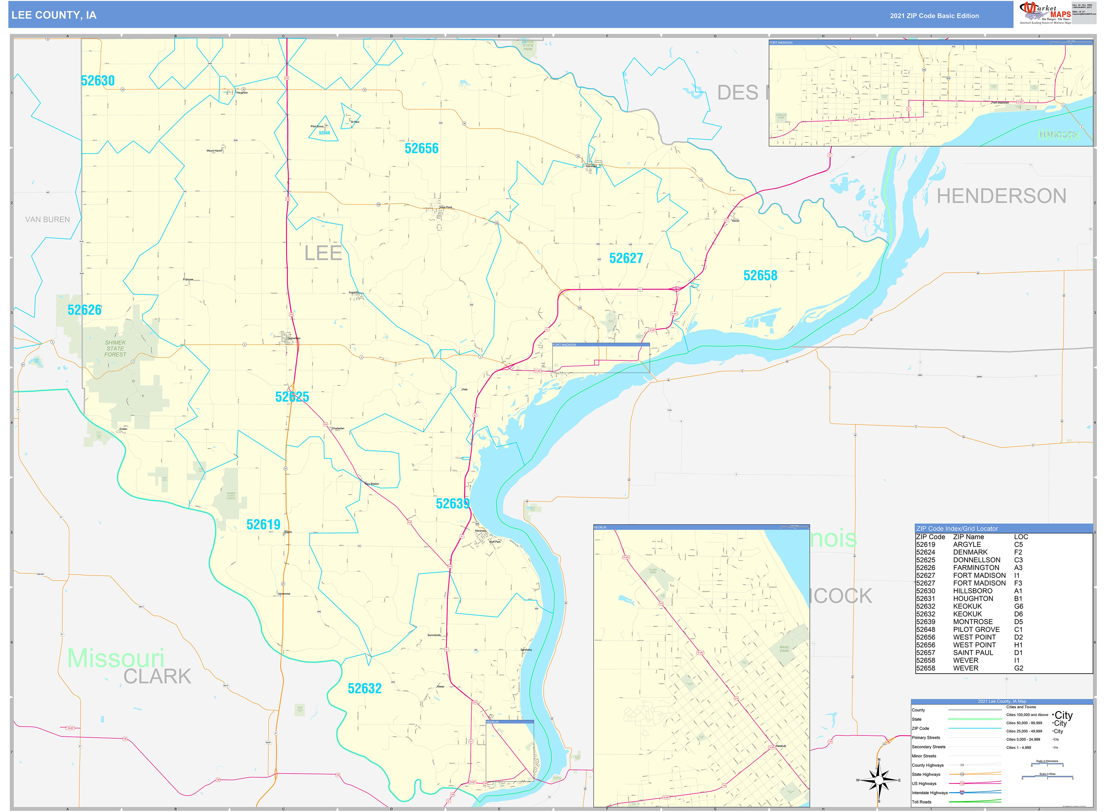 Lee County, IA Zip Code Wall Map Basic Style by MarketMAPS MapSales