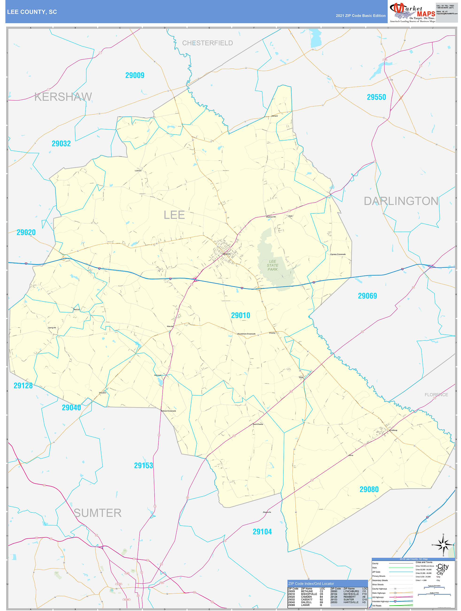 Lee County, SC Zip Code Wall Map Basic Style by MarketMAPS MapSales