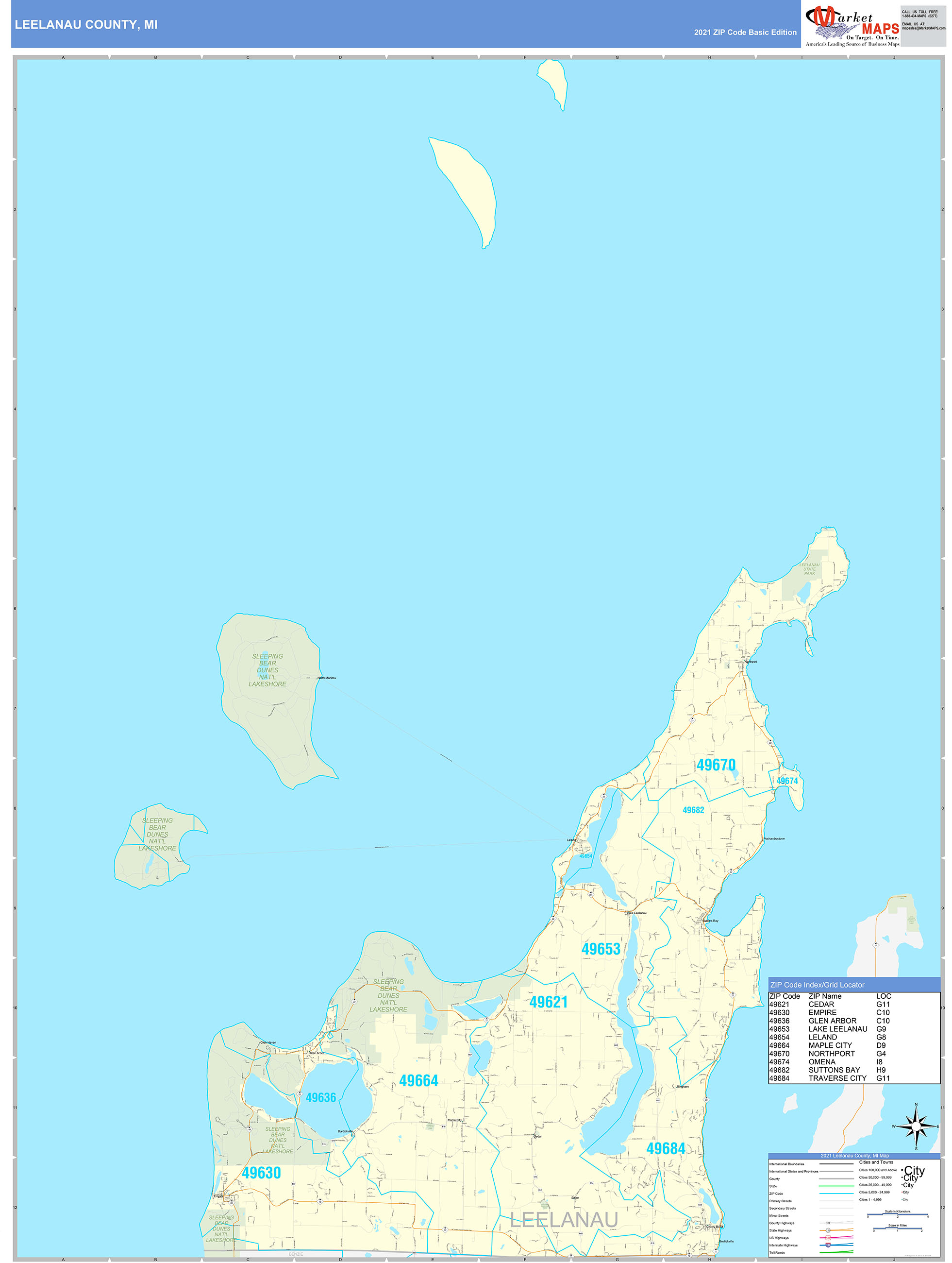 Leelanau County, MI Zip Code Wall Map Basic Style by MarketMAPS - MapSales