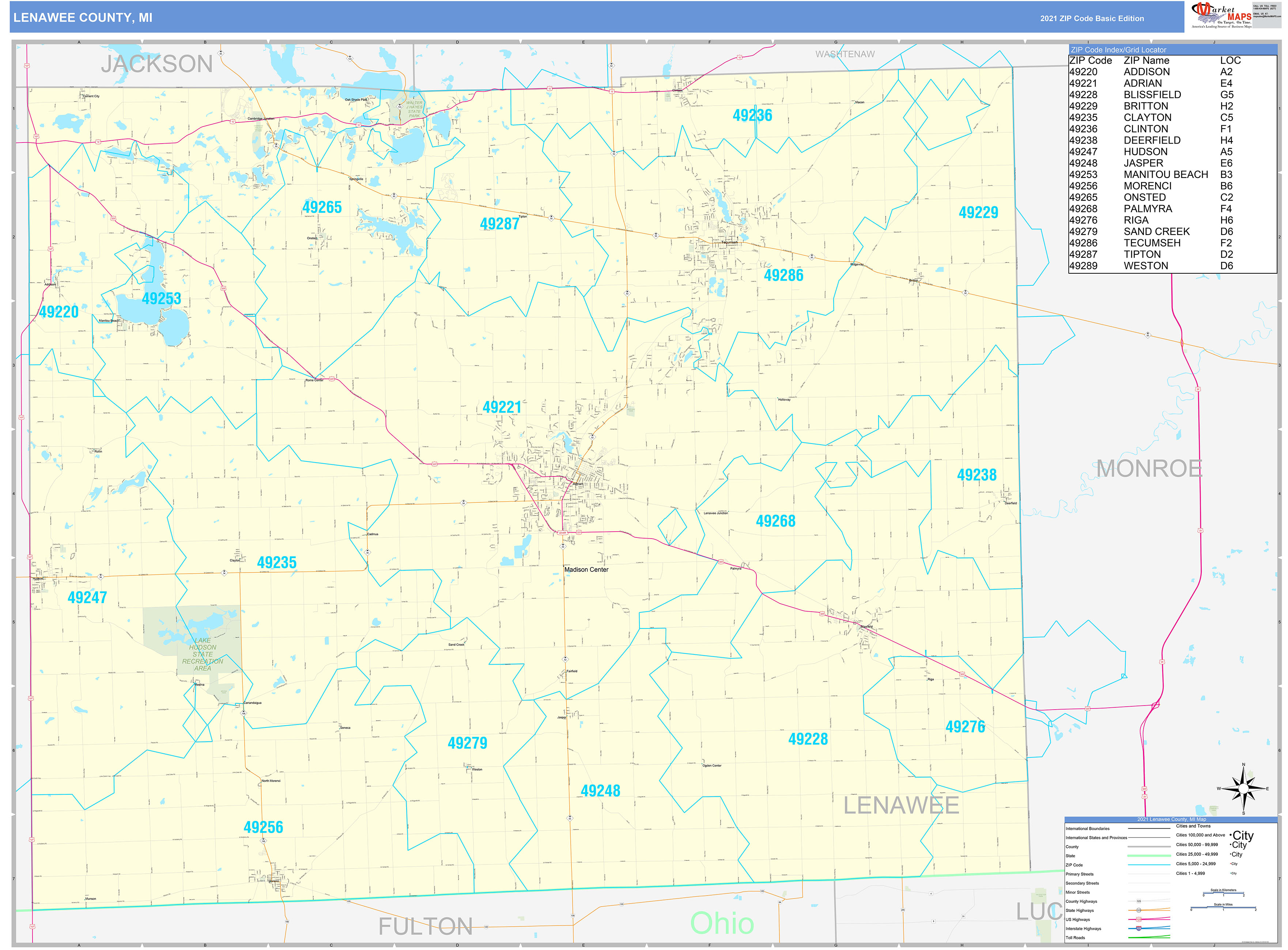 Lenawee County, MI Zip Code Wall Map Basic Style by MarketMAPS MapSales