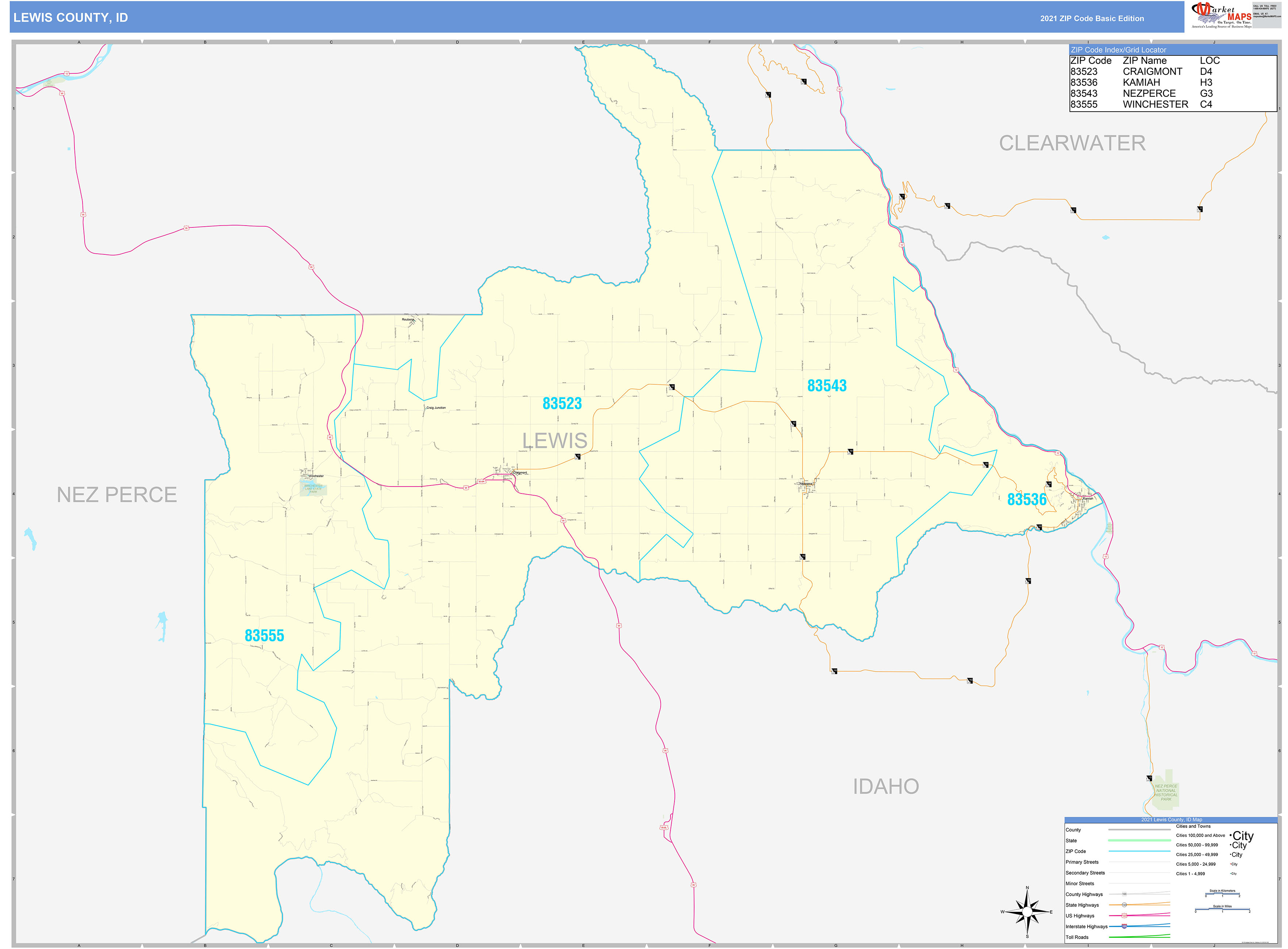 Lewis County, ID Zip Code Wall Map Basic Style by MarketMAPS MapSales