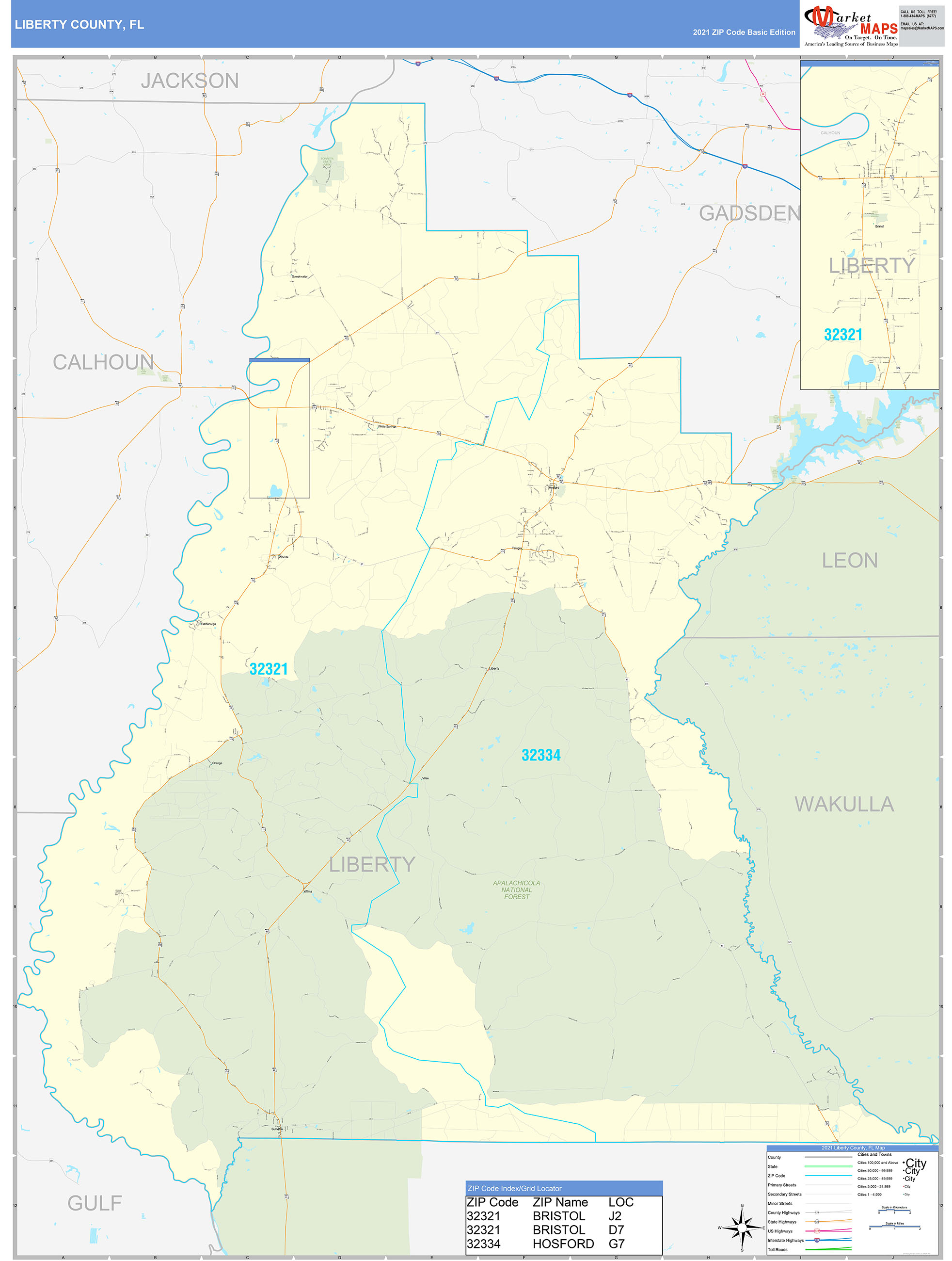 Liberty County, FL Zip Code Wall Map Basic Style by MarketMAPS