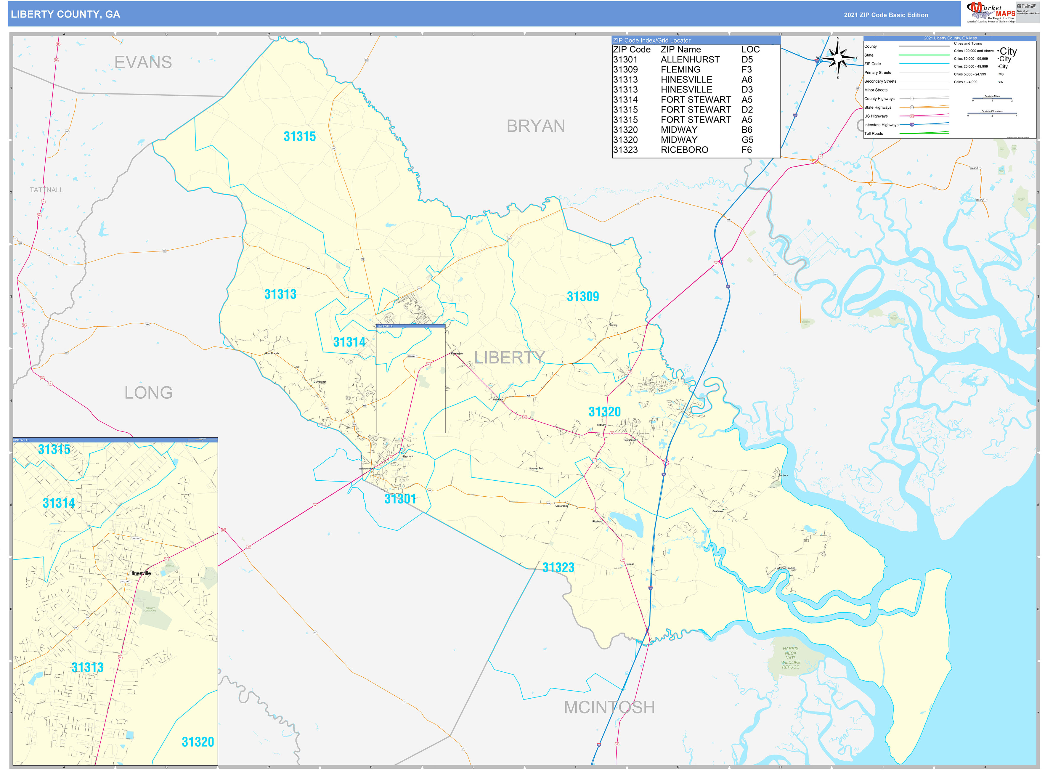 Liberty County, GA Zip Code Wall Map Basic Style by MarketMAPS