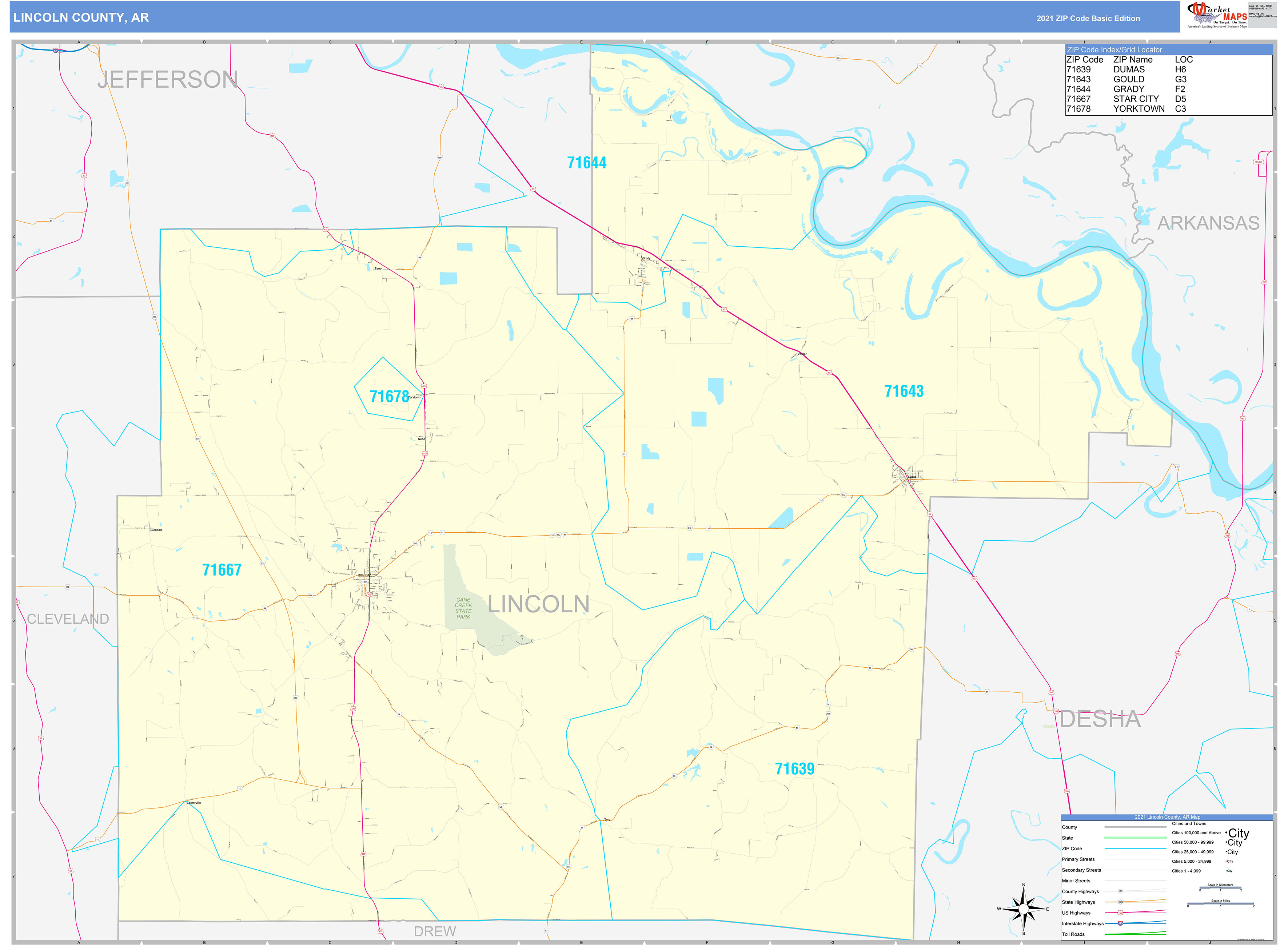 Lincoln County, AR Zip Code Wall Map Basic Style by MarketMAPS