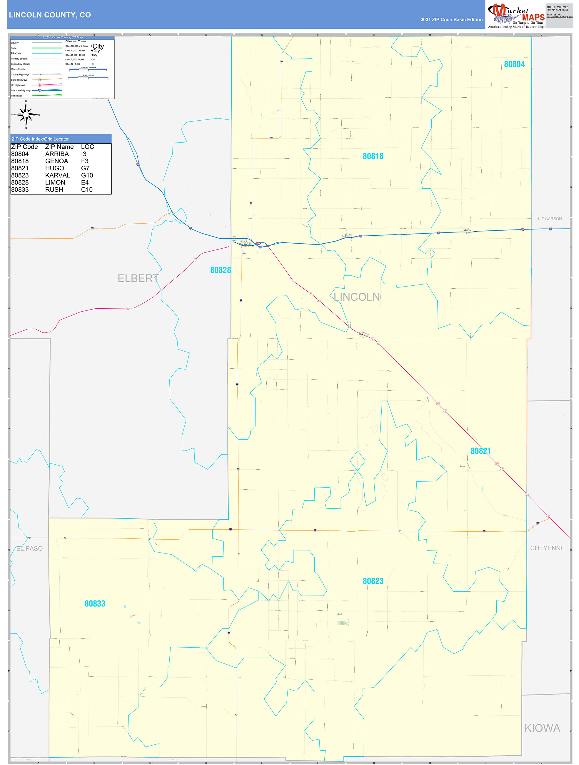 Lincoln County, CO Zip Code Wall Map Basic Style by MarketMAPS MapSales