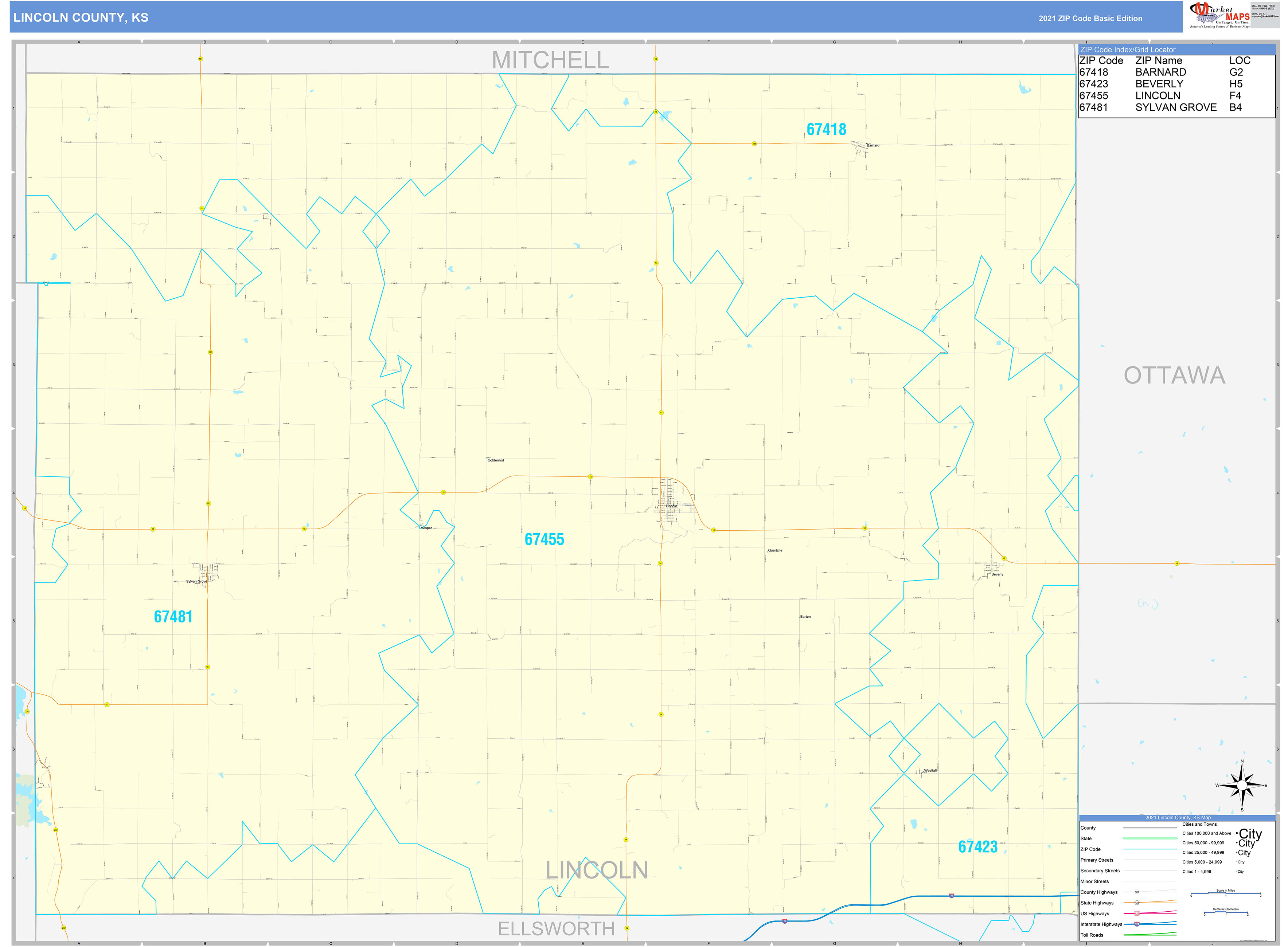 Lincoln County, KS Zip Code Wall Map Basic Style by MarketMAPS MapSales