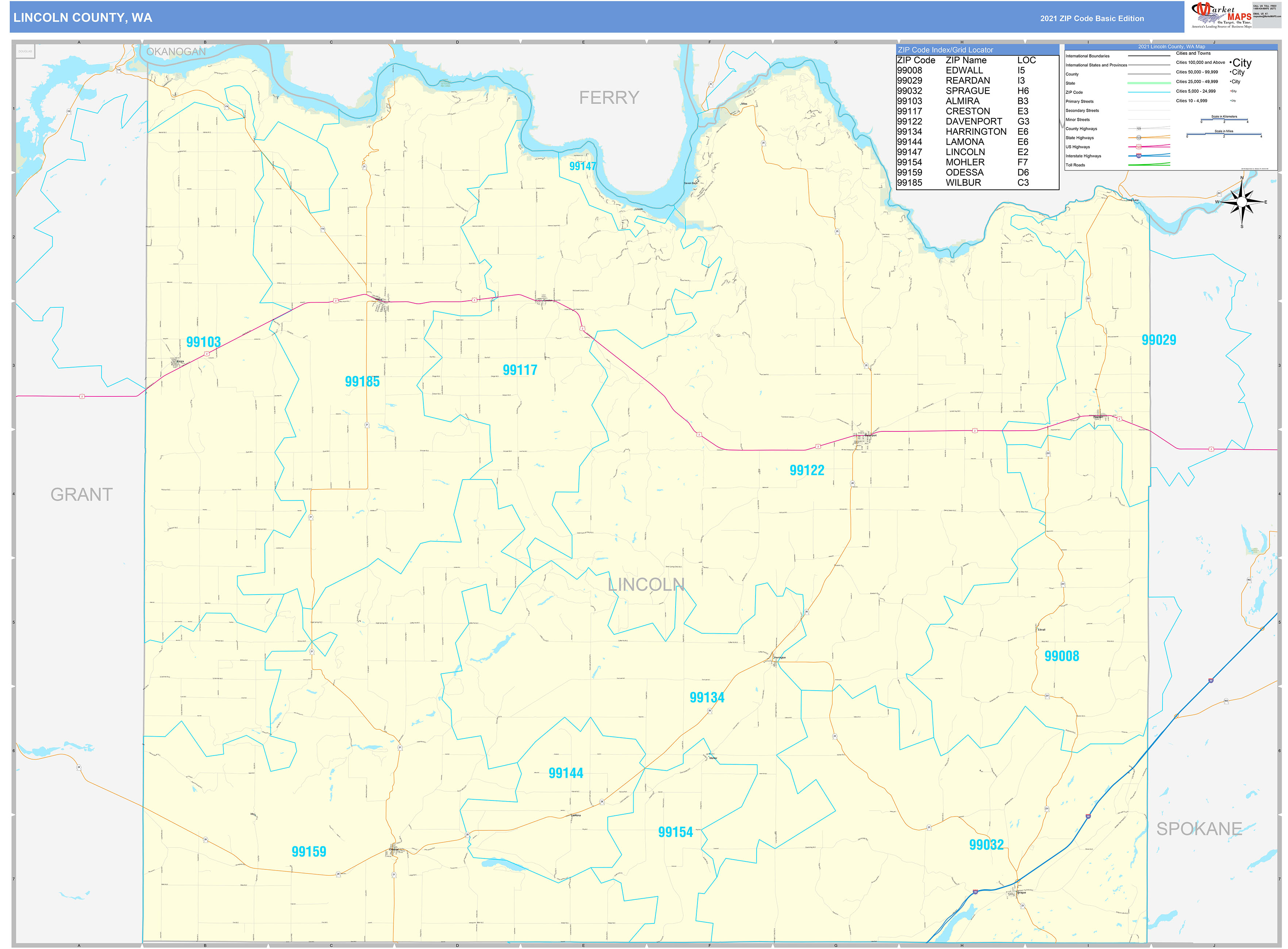Lincoln County, WA Zip Code Wall Map Basic Style by MarketMAPS - MapSales