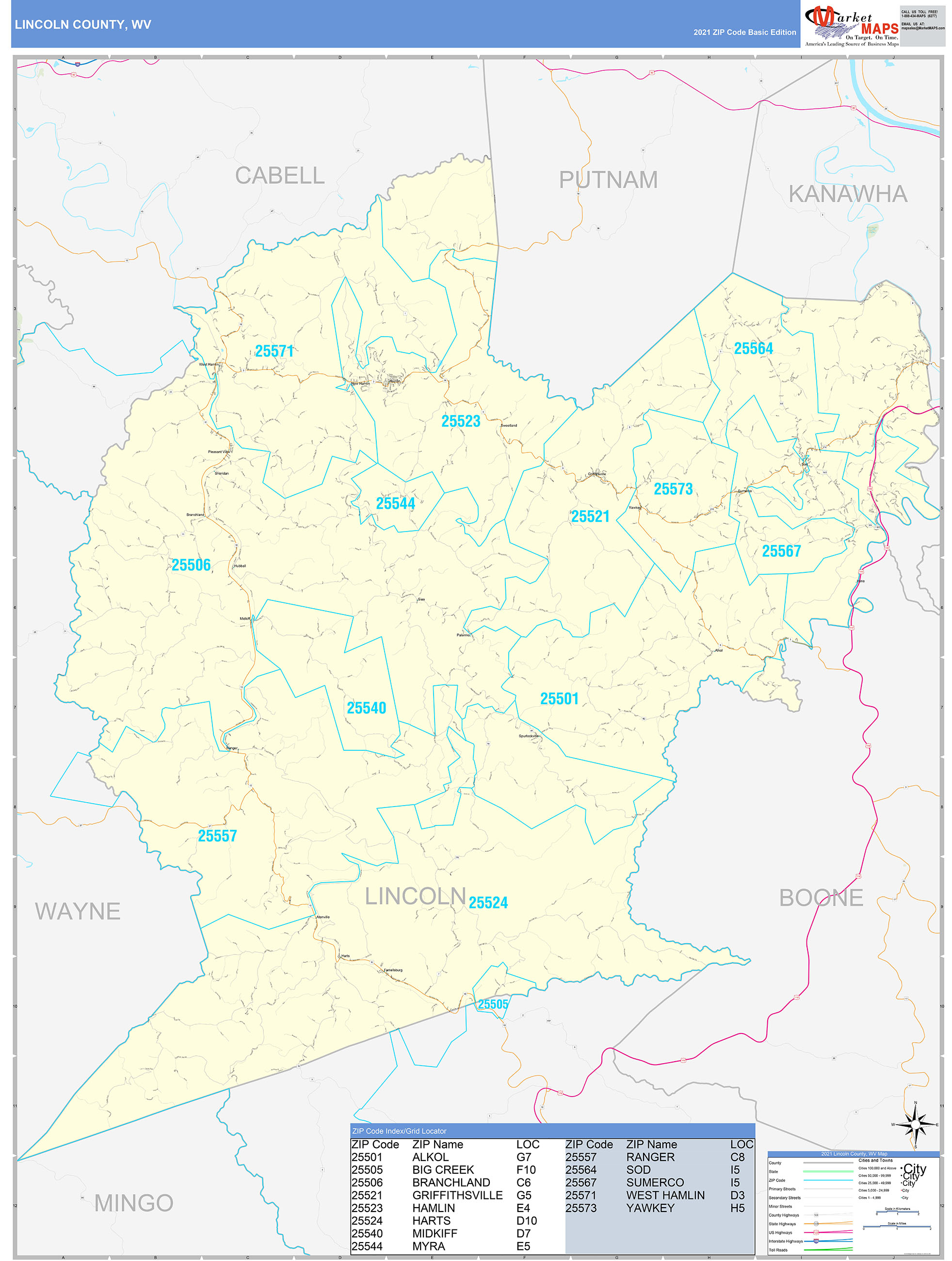 Lincoln County, WV Zip Code Wall Map Basic Style by MarketMAPS
