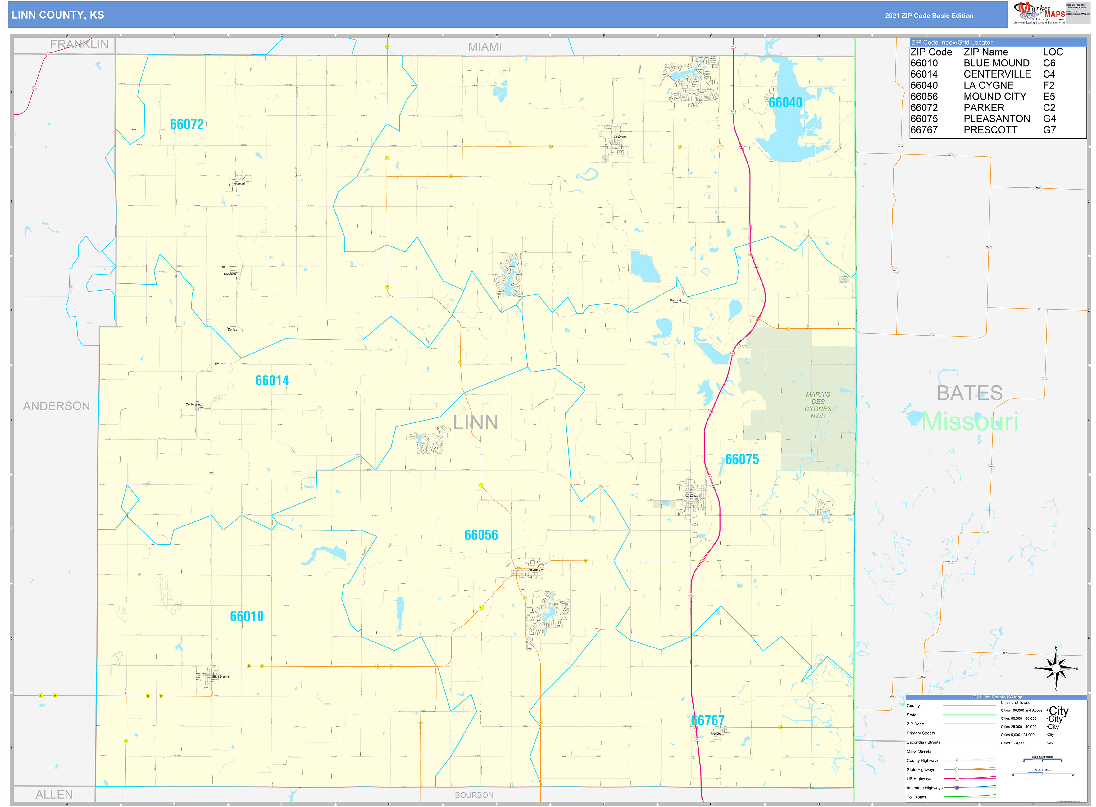 Linn County, KS Zip Code Wall Map Basic Style by MarketMAPS MapSales