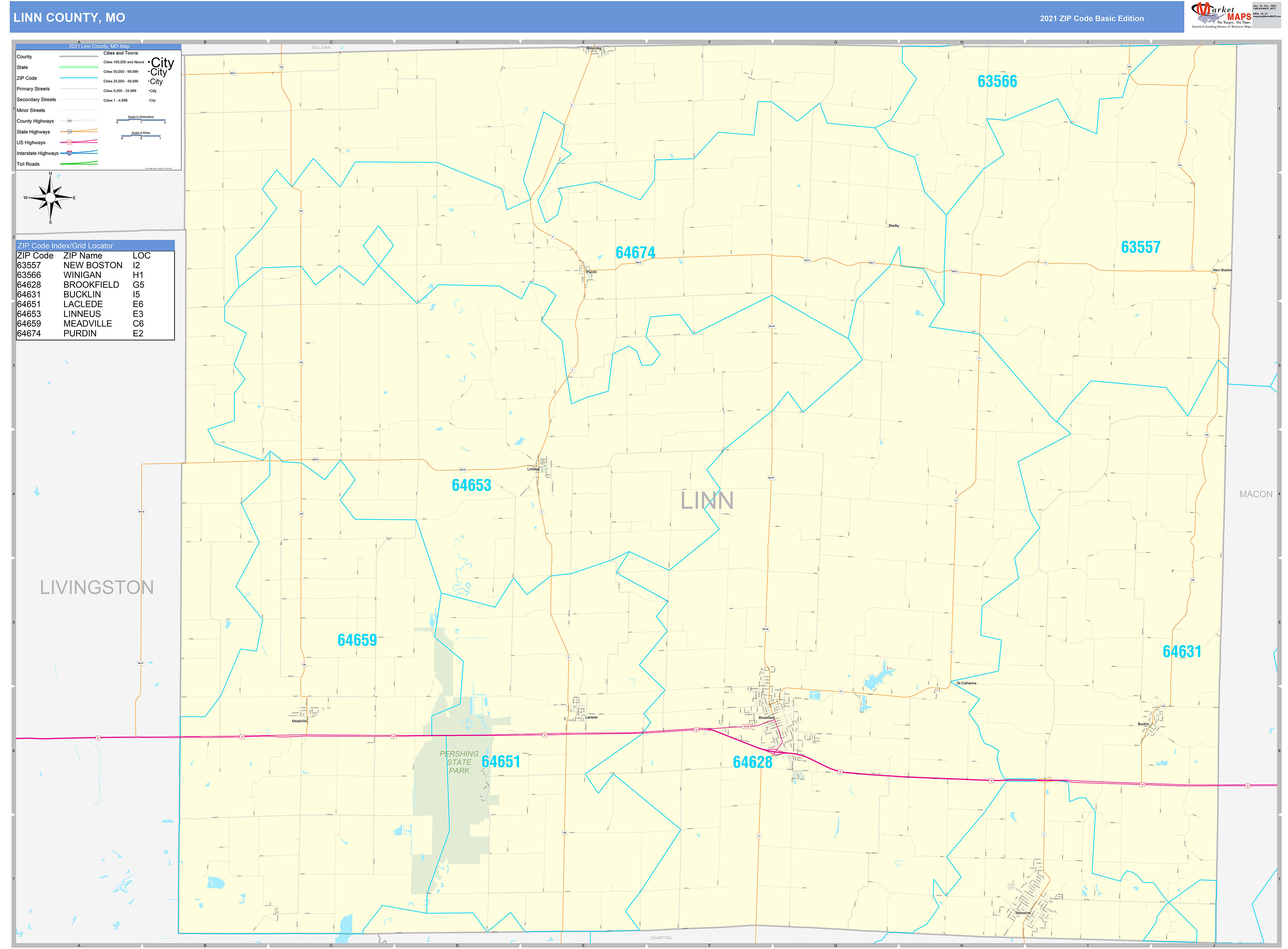 Linn County, MO Zip Code Wall Map Basic Style by MarketMAPS