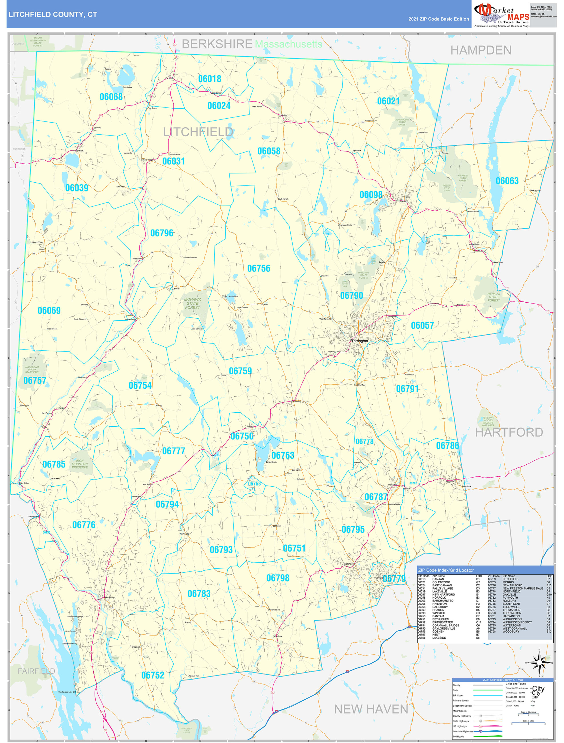 Litchfield County, CT Zip Code Wall Map Basic Style by MarketMAPS