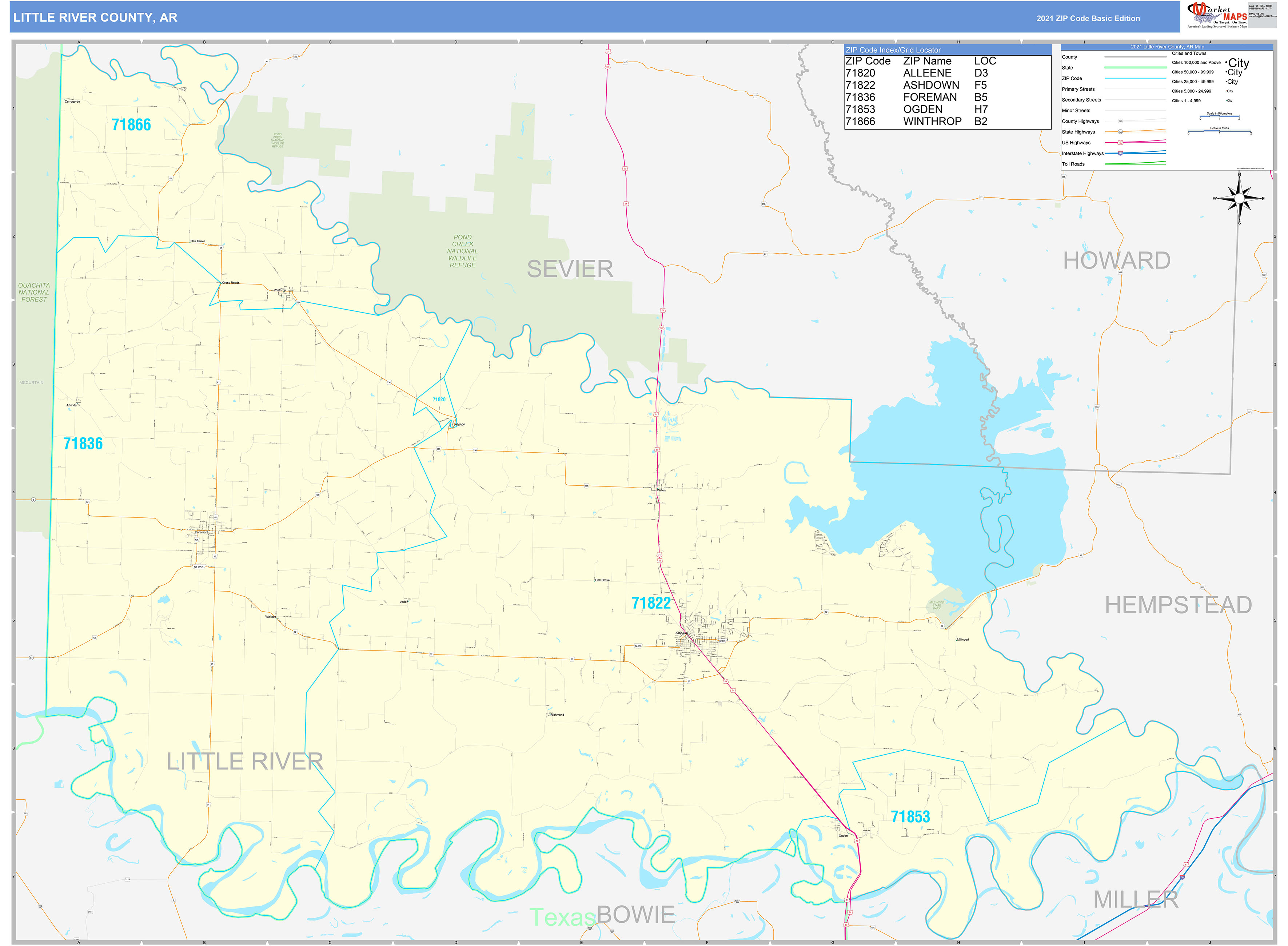 Little River County, AR Zip Code Wall Map Basic Style by MarketMAPS MapSales