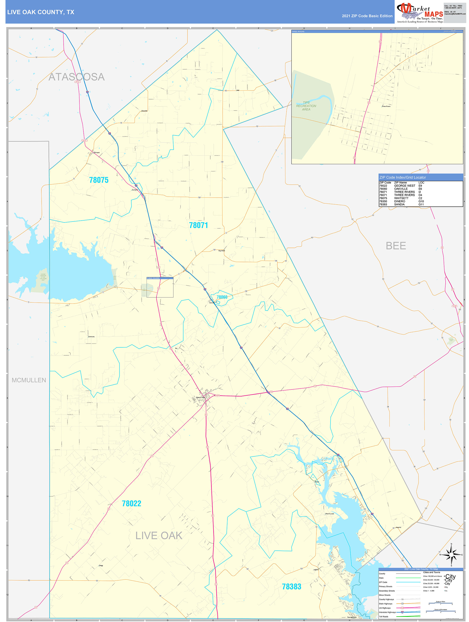 Live Oak County, TX Zip Code Wall Map Basic Style by MarketMAPS MapSales