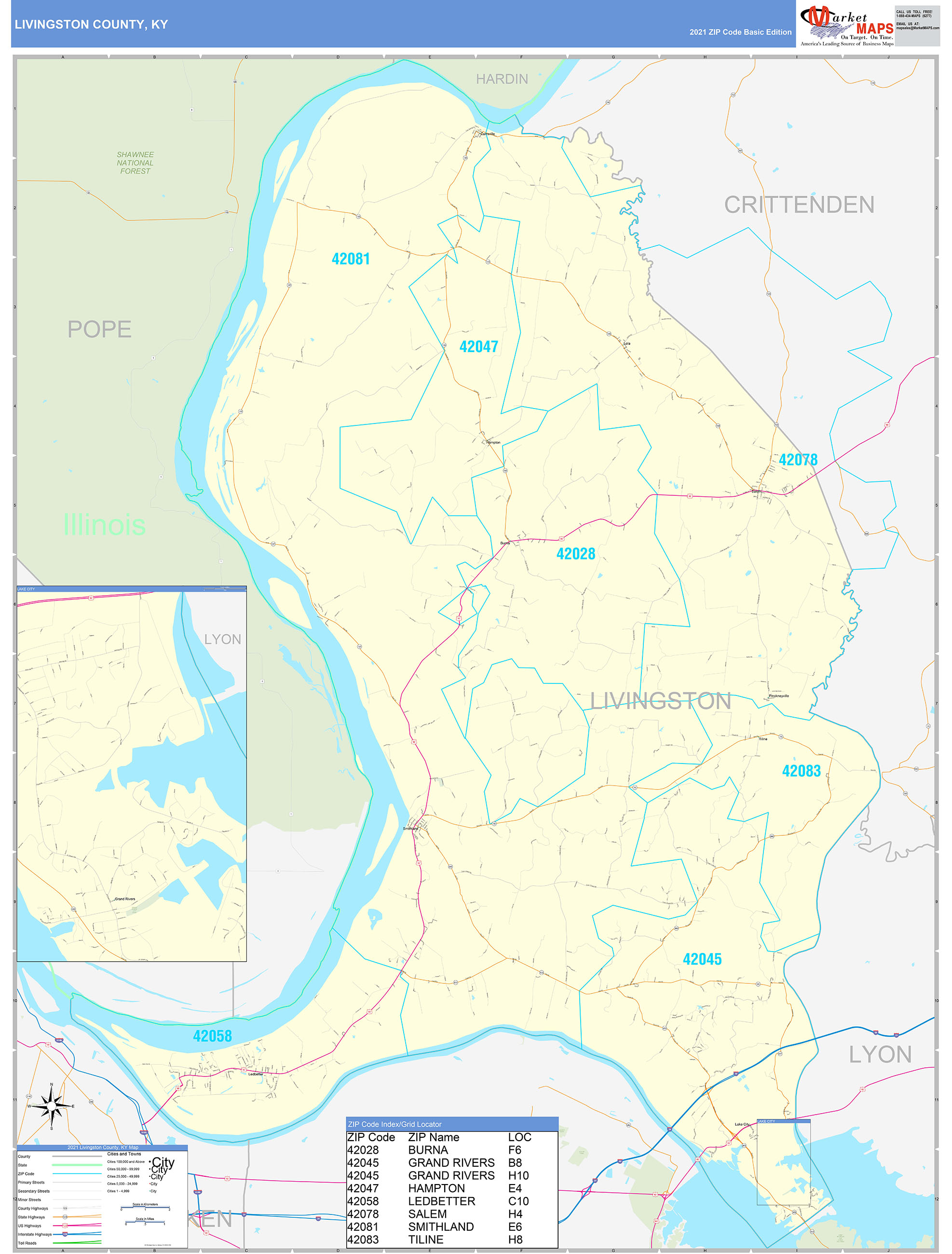 Livingston County, KY Zip Code Wall Map Basic Style by MarketMAPS