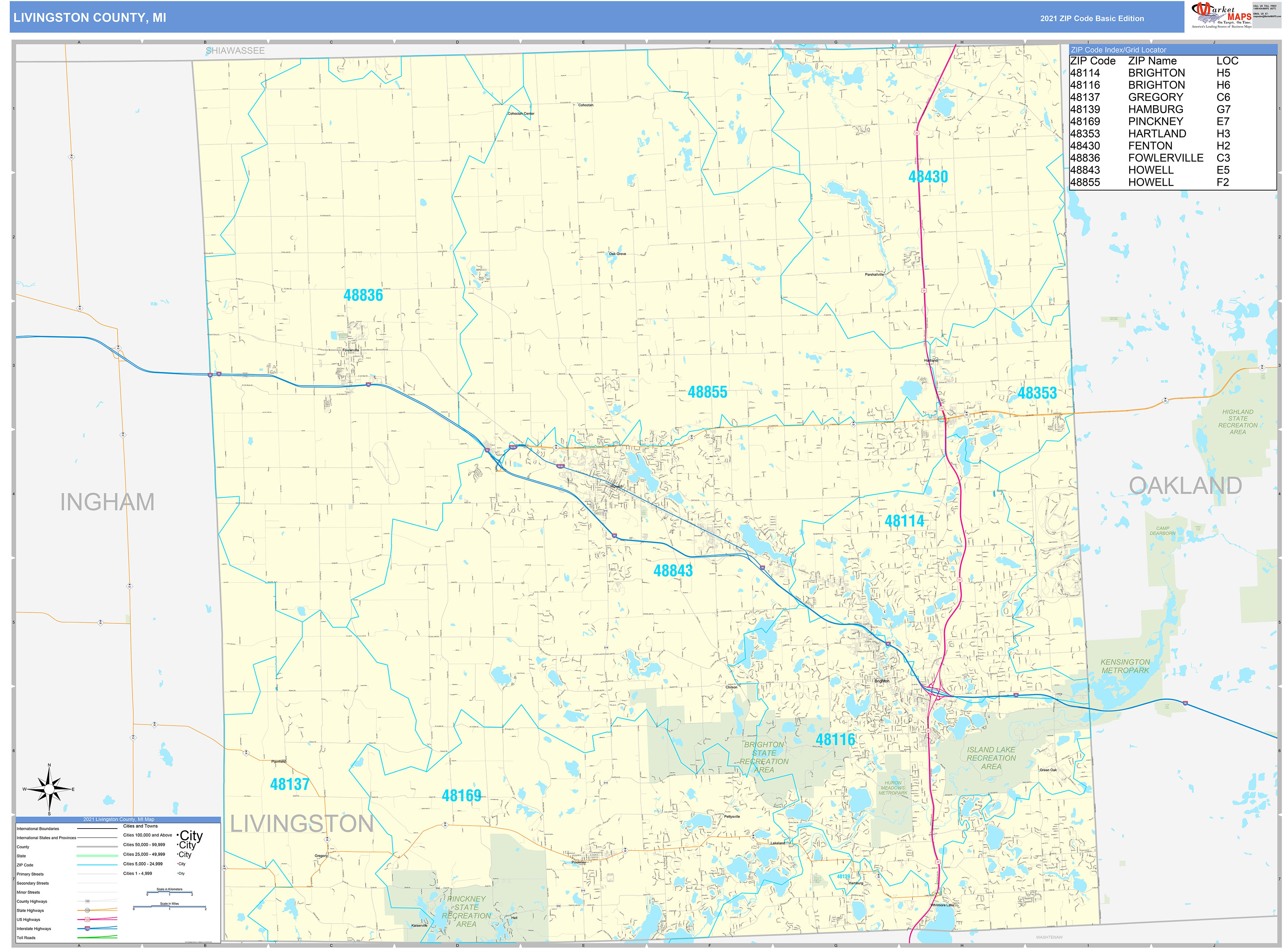 Livingston County, MI Zip Code Wall Map Basic Style by MarketMAPS