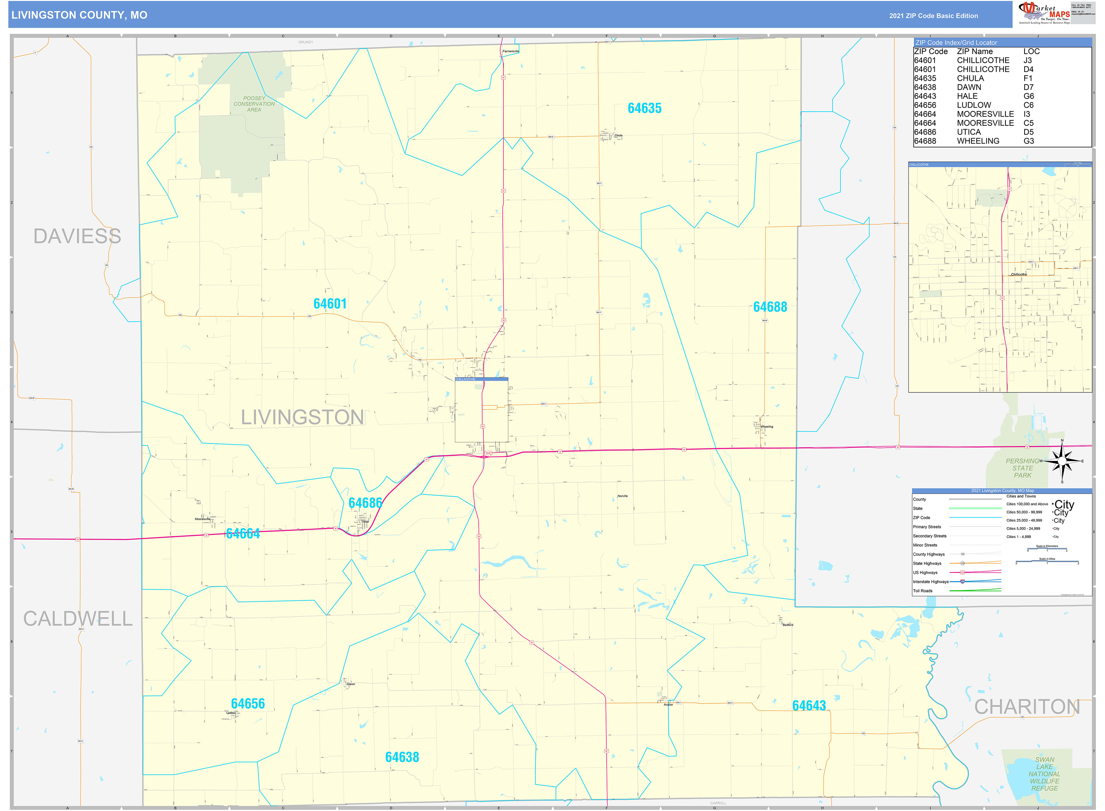 Livingston County, MO Zip Code Wall Map Basic Style by MarketMAPS