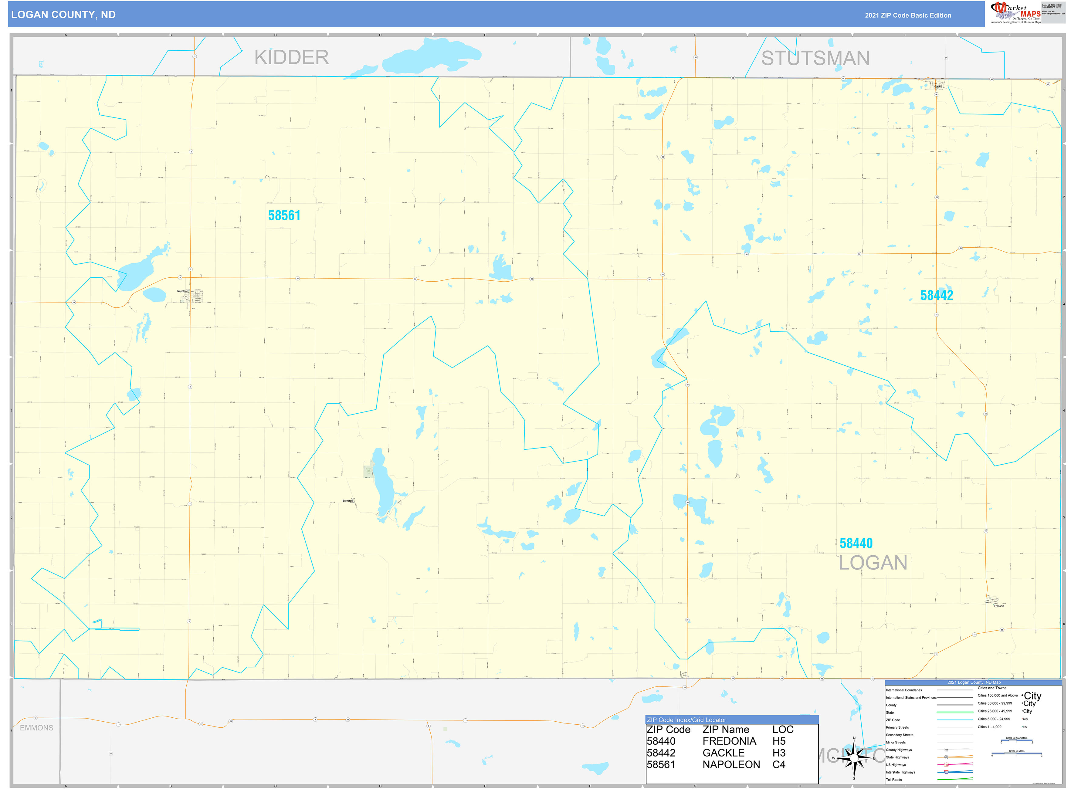 Logan County, ND Zip Code Wall Map Basic Style by MarketMAPS MapSales