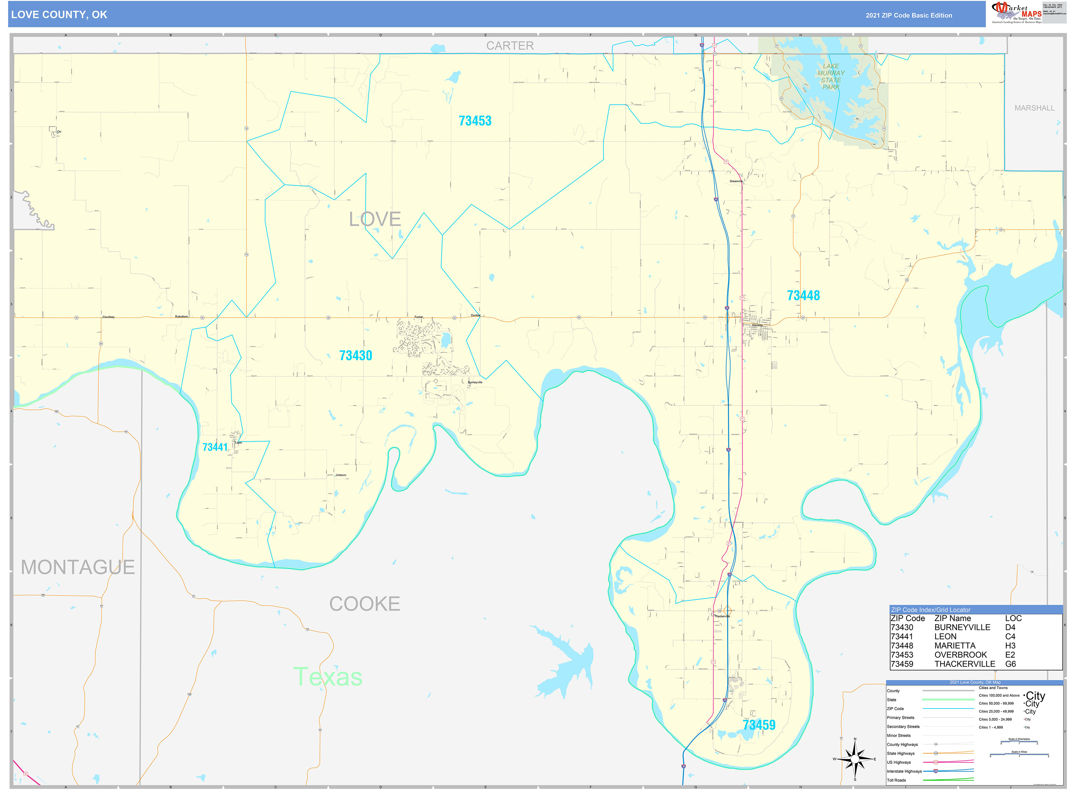 Love County, OK Zip Code Wall Map Basic Style by MarketMAPS
