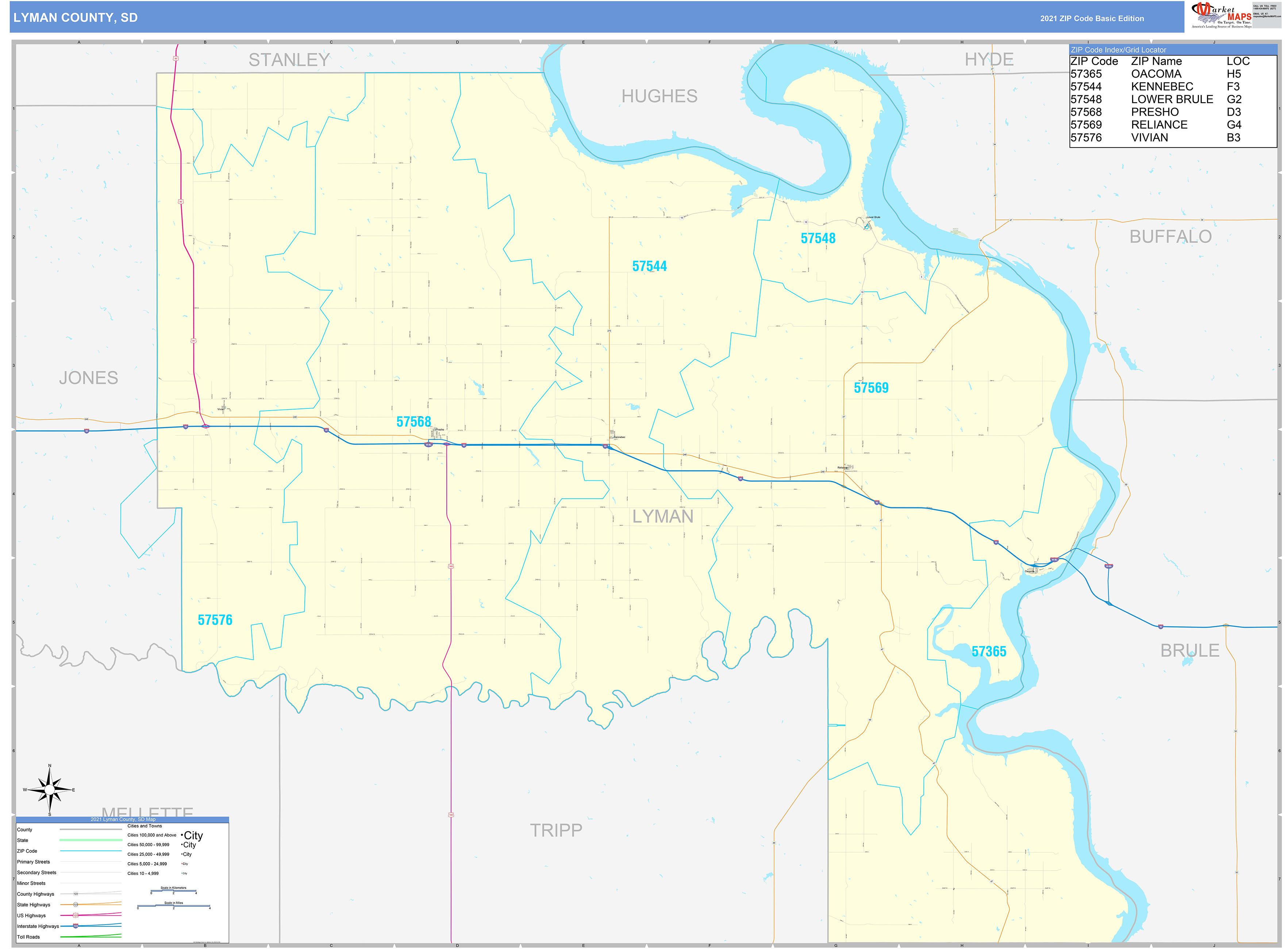 Lyman County, SD Zip Code Wall Map Basic Style by MarketMAPS