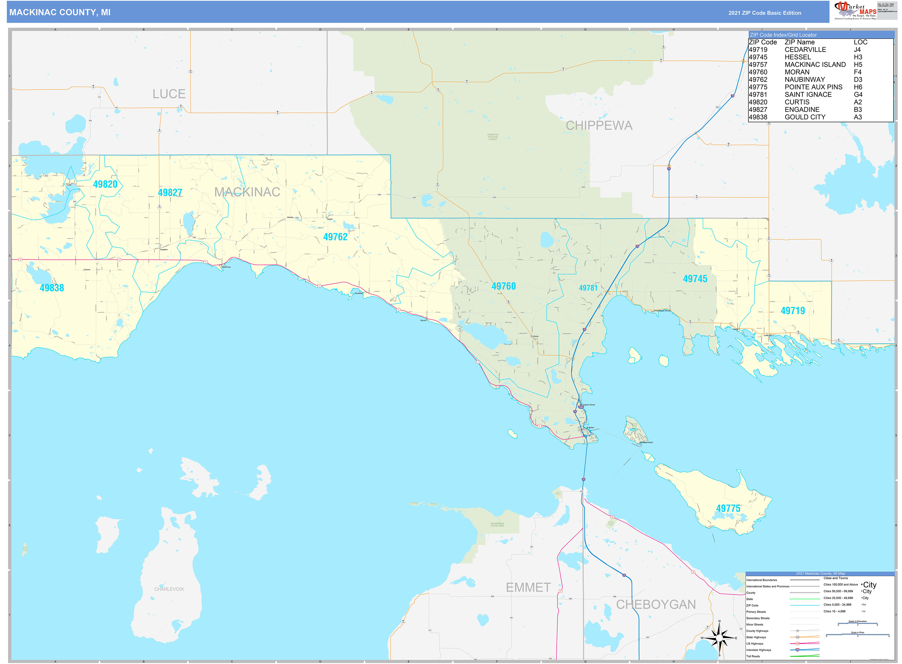 Mackinac County, MI Zip Code Wall Map Basic Style by MarketMAPS MapSales