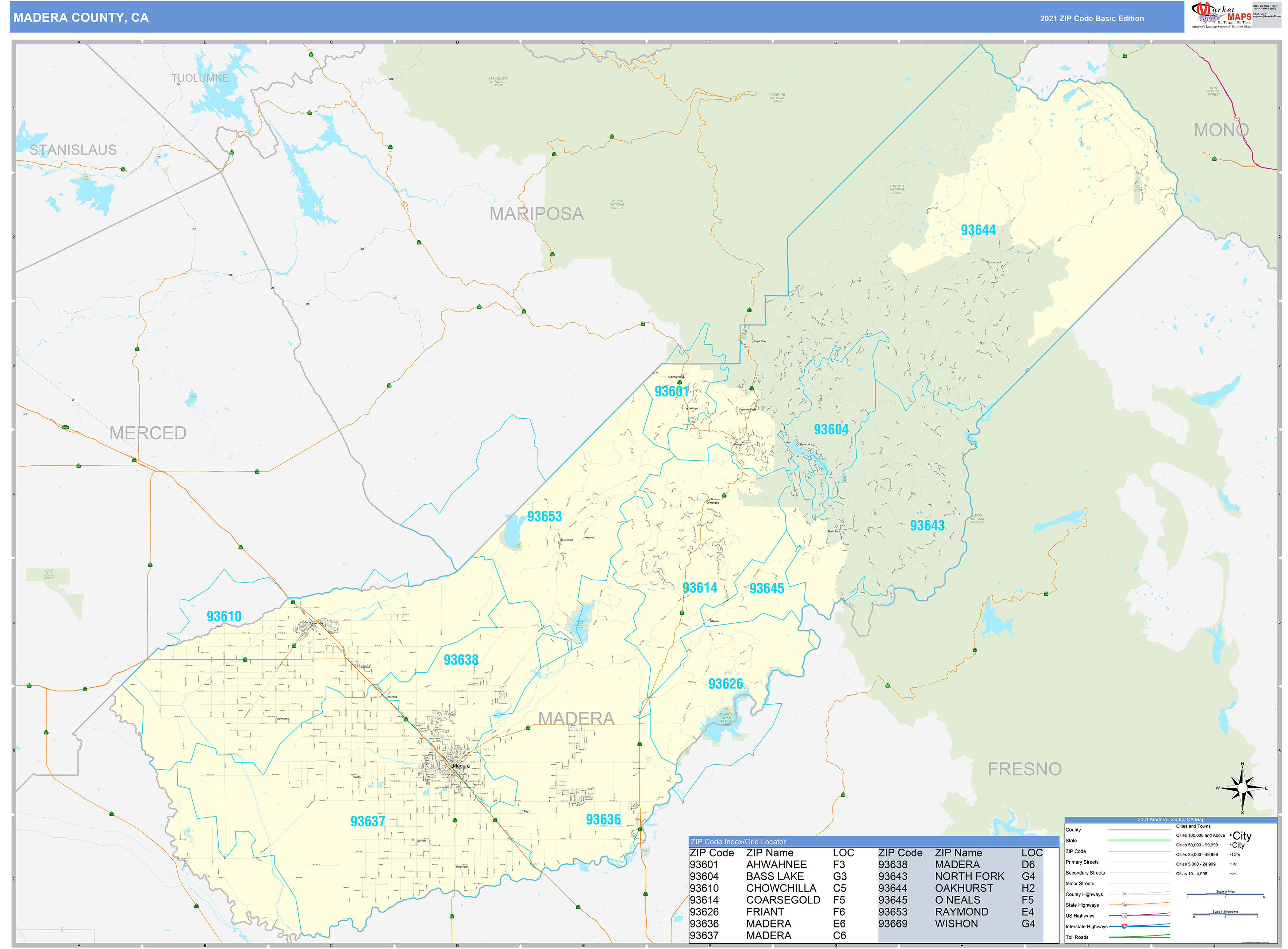 Madera County, CA Zip Code Wall Map Basic Style by MarketMAPS MapSales