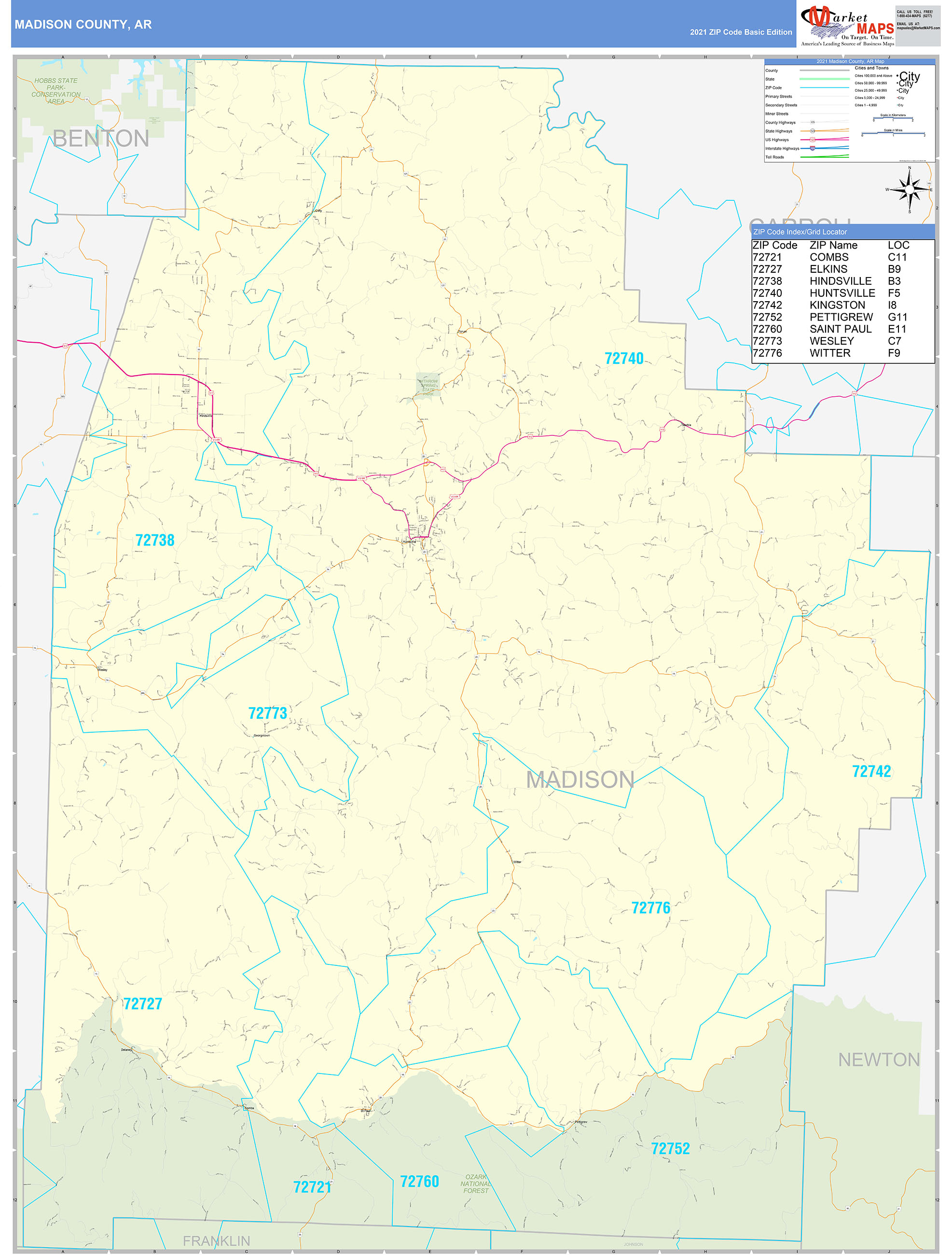 Madison County, AR Zip Code Wall Map Basic Style by MarketMAPS
