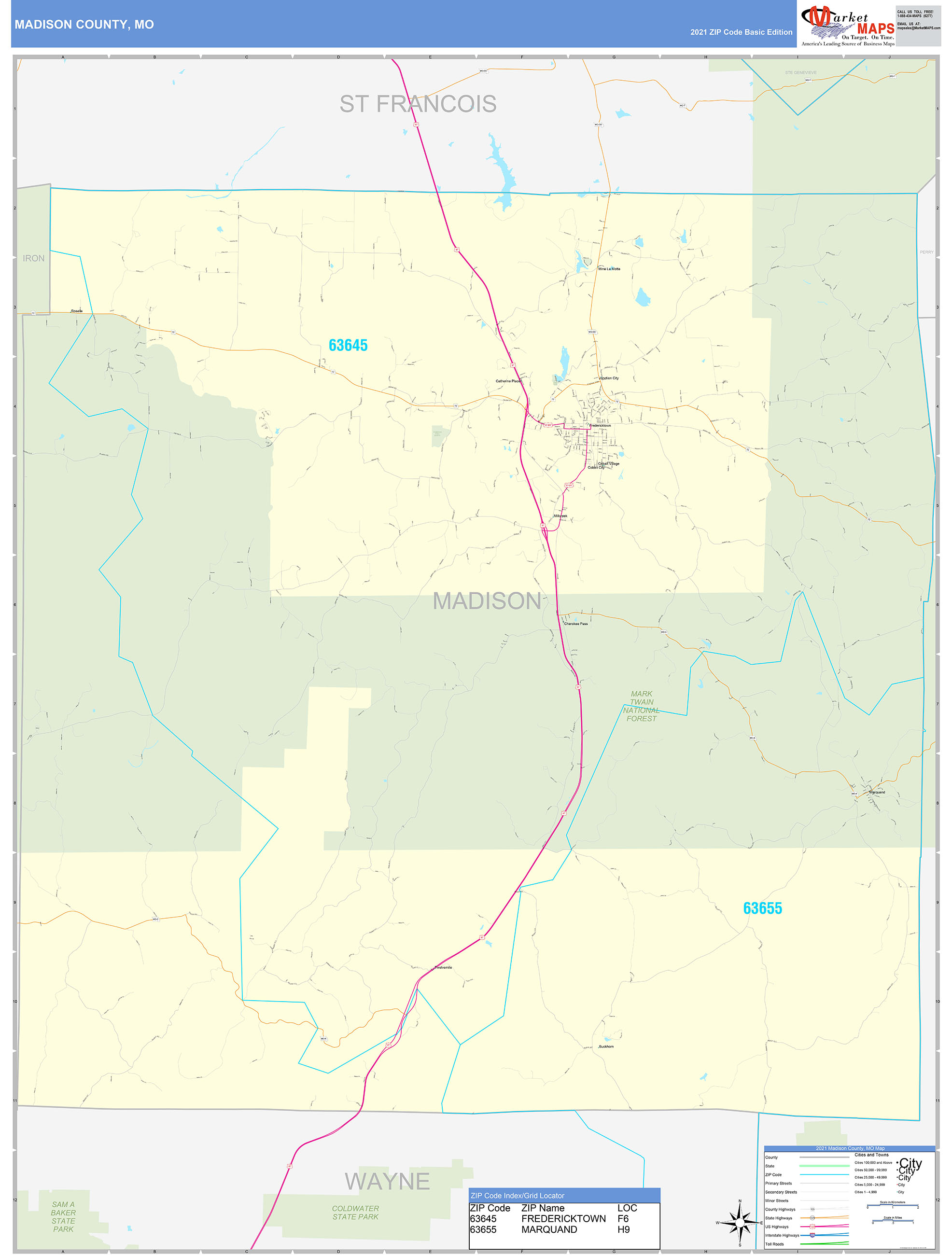 Madison County, MO Zip Code Wall Map Basic Style by MarketMAPS