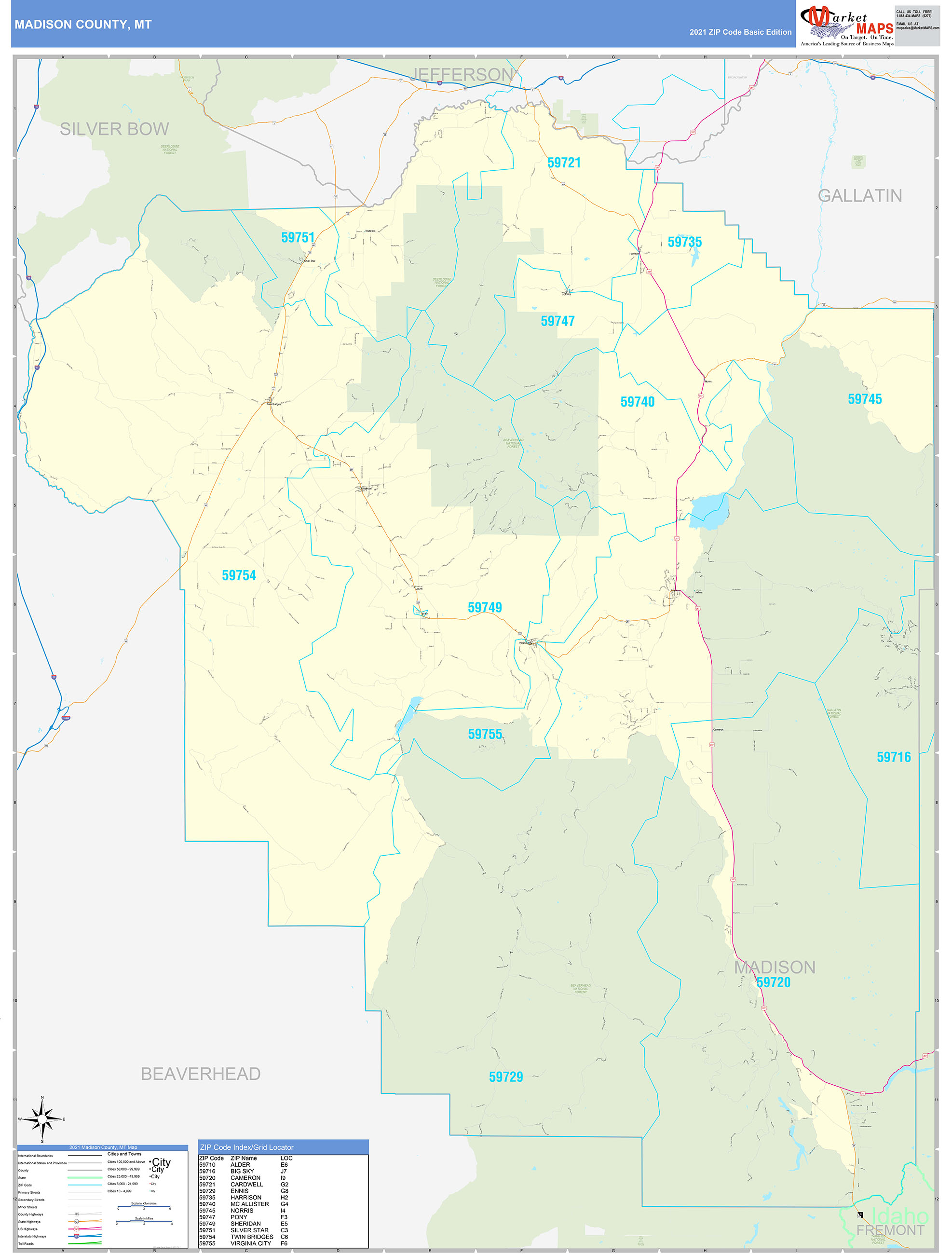 Madison County, MT Zip Code Wall Map Basic Style by MarketMAPS MapSales