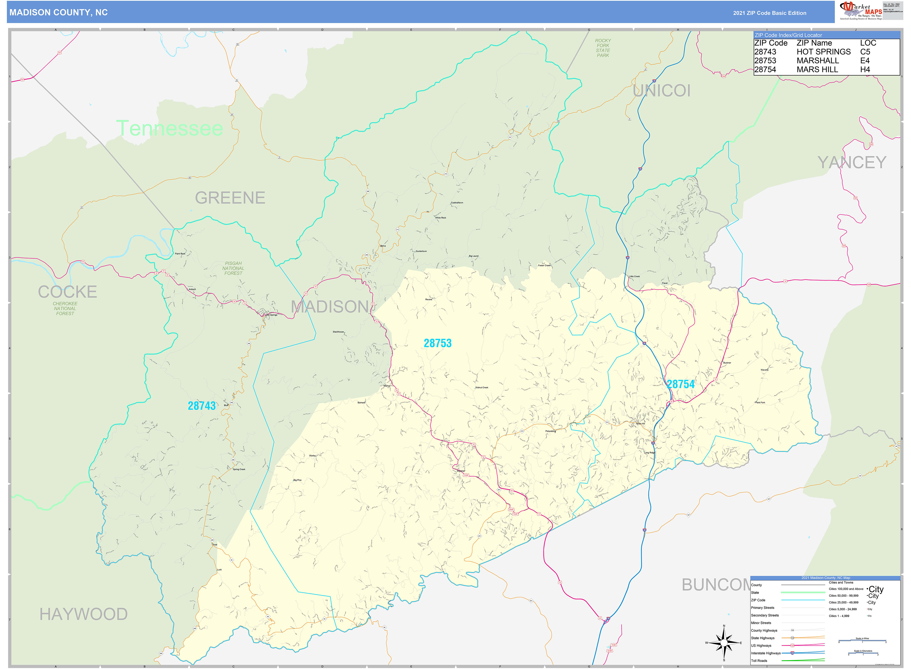 Madison County, NC Zip Code Wall Map Basic Style by MarketMAPS