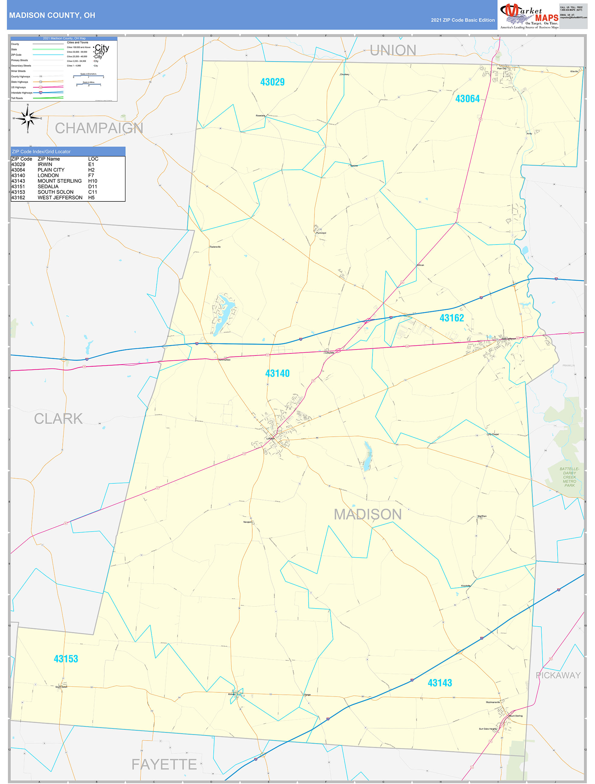 Madison County, OH Zip Code Wall Map Basic Style by MarketMAPS