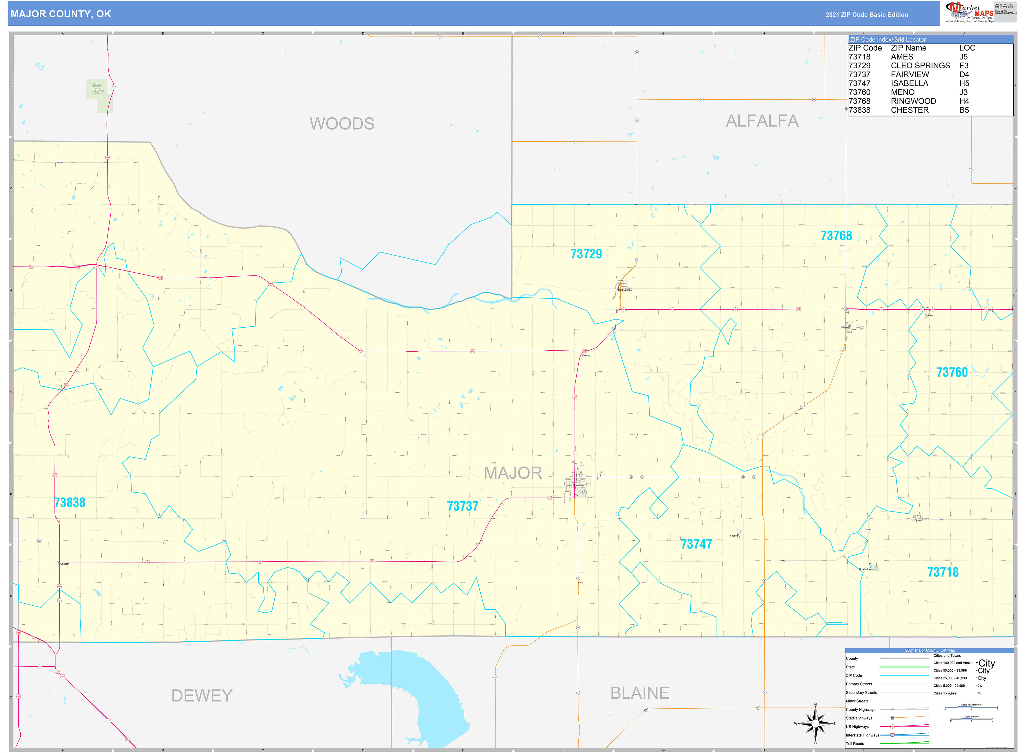 Major County, OK Zip Code Wall Map Basic Style by MarketMAPS MapSales