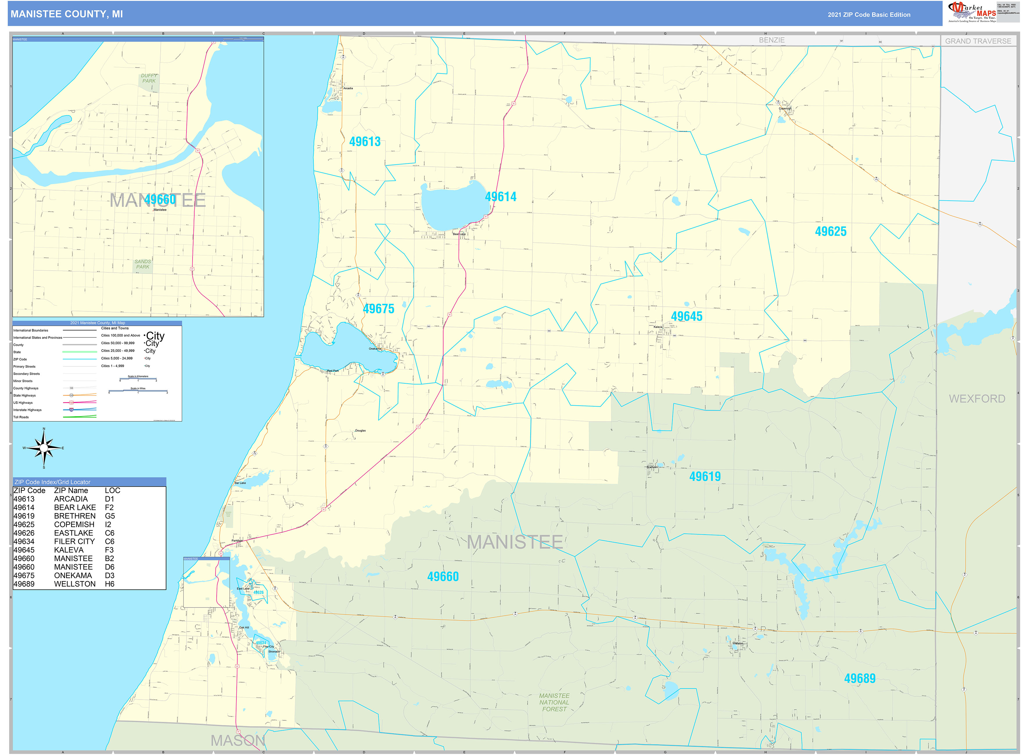 Manistee County, MI Zip Code Wall Map Basic Style by MarketMAPS MapSales