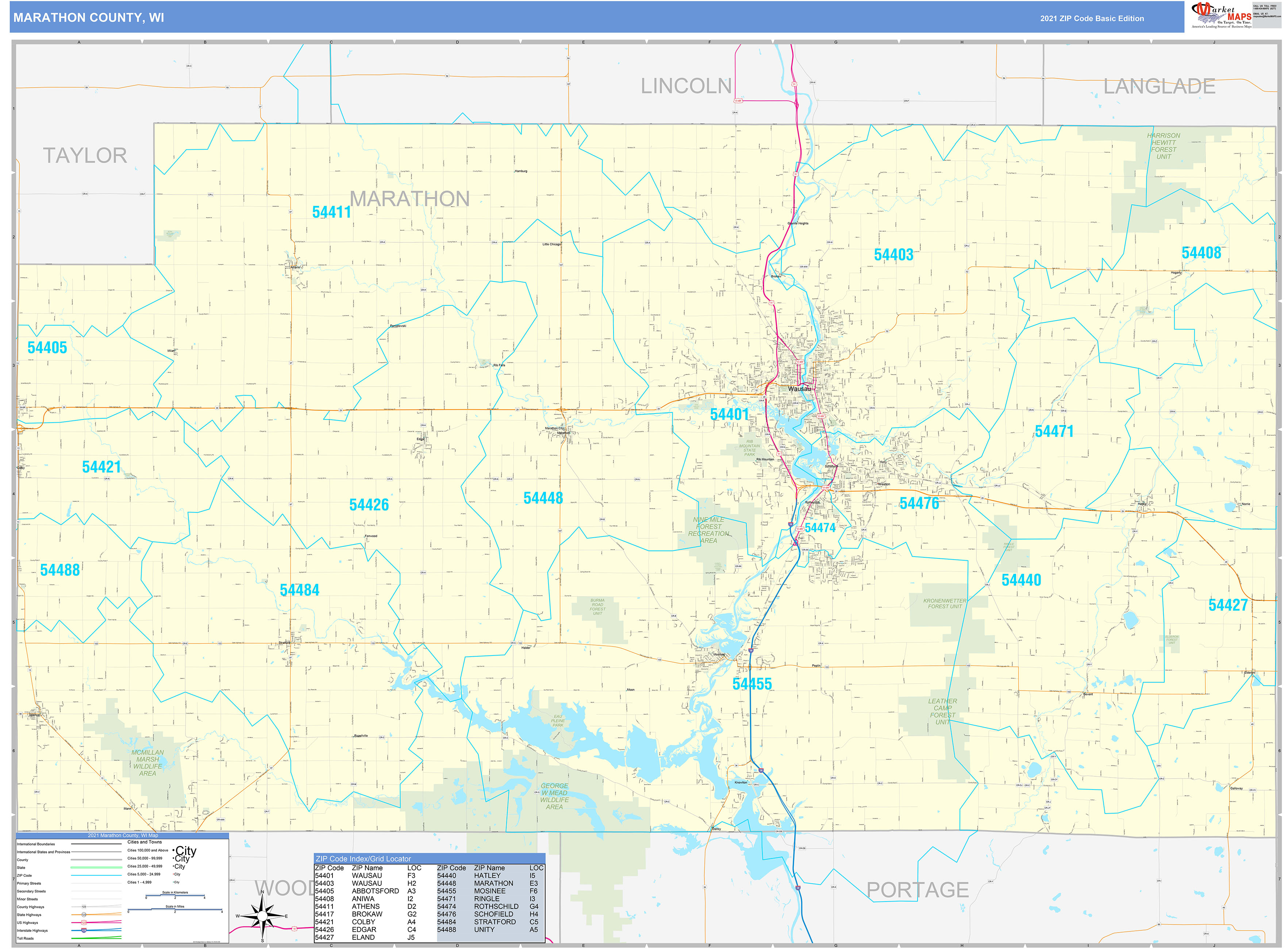 Marathon County, WI Zip Code Wall Map Basic Style by MarketMAPS MapSales
