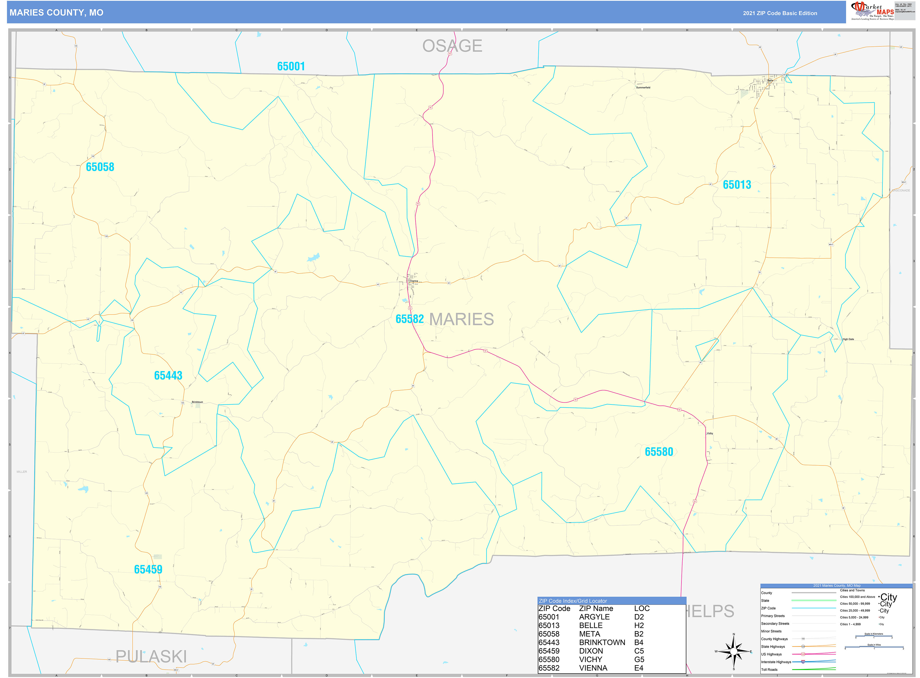 Maries County, MO Zip Code Wall Map Basic Style by MarketMAPS MapSales