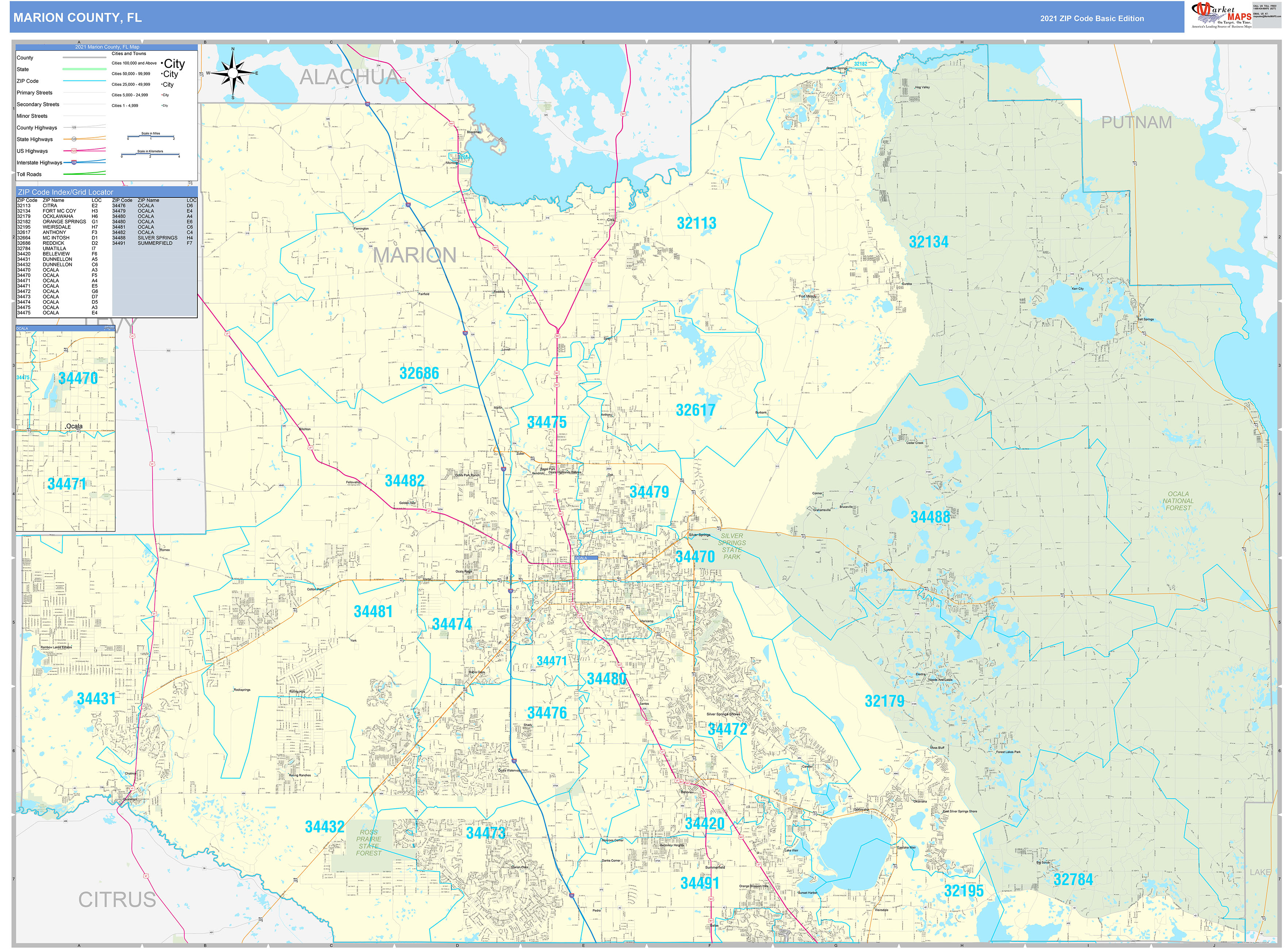 Marion County, FL Zip Code Wall Map Basic Style by MarketMAPS MapSales