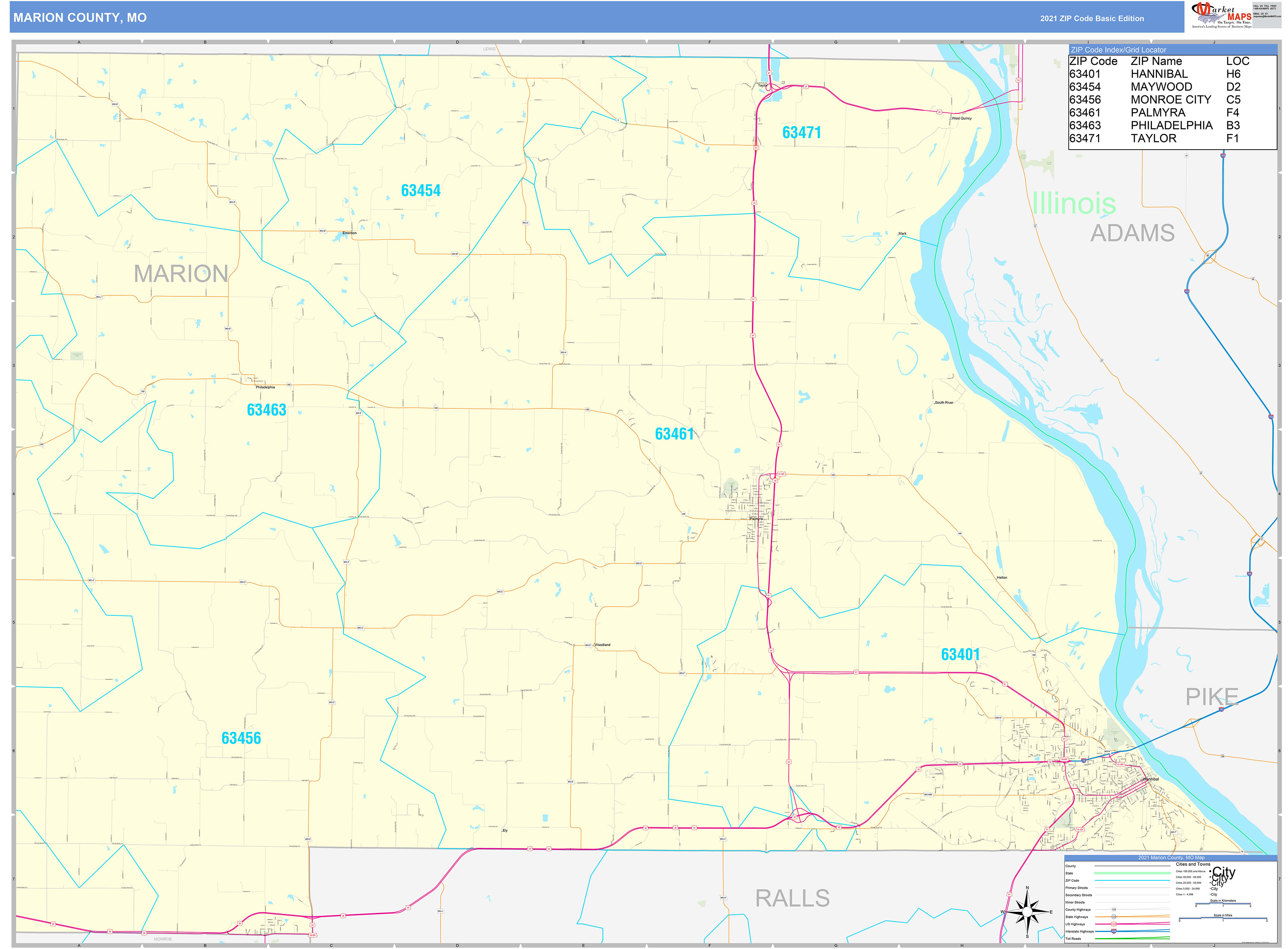 Marion County, MO Zip Code Wall Map Basic Style by MarketMAPS MapSales