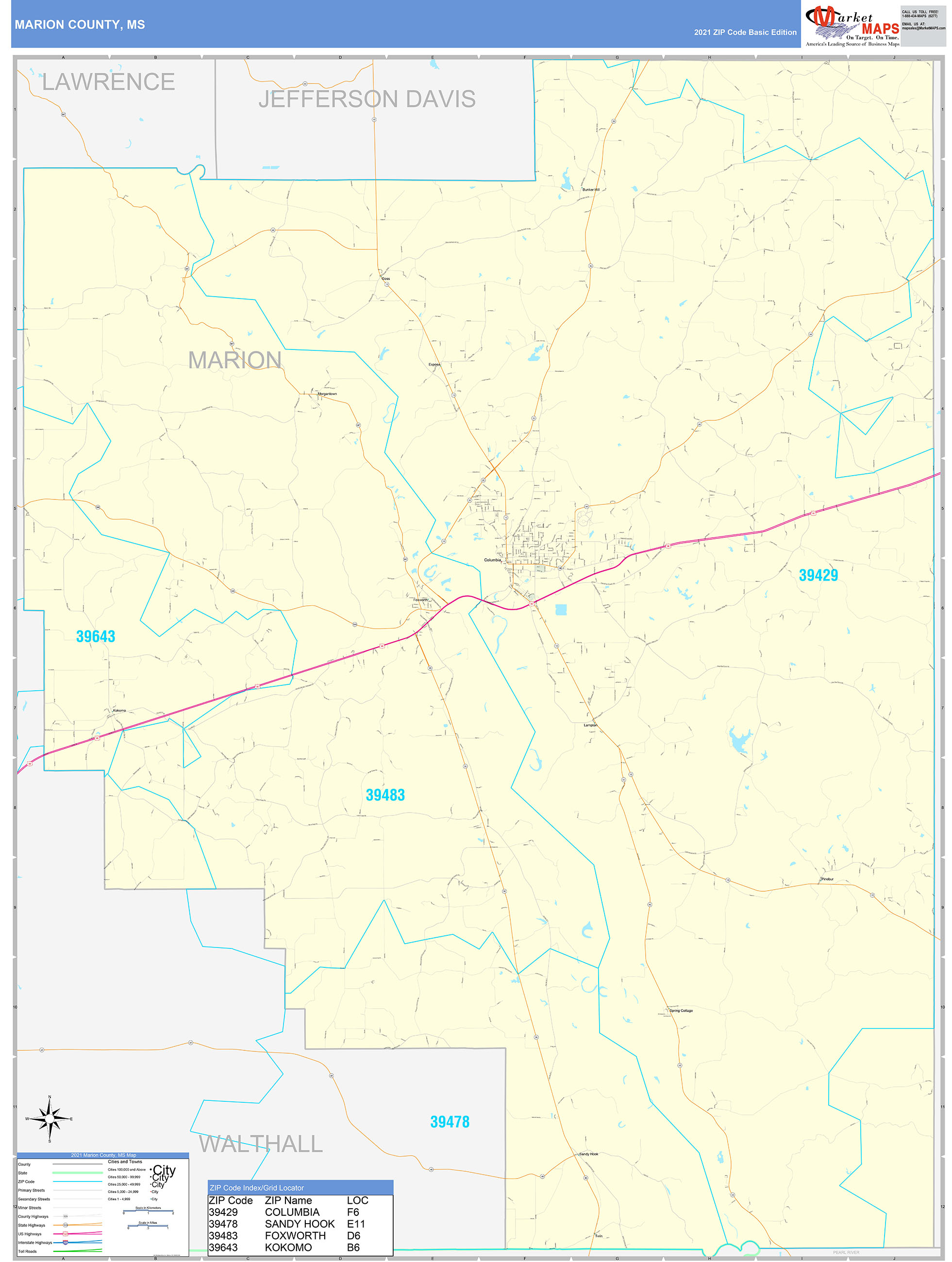 Marion County, MS Zip Code Wall Map Basic Style by MarketMAPS MapSales