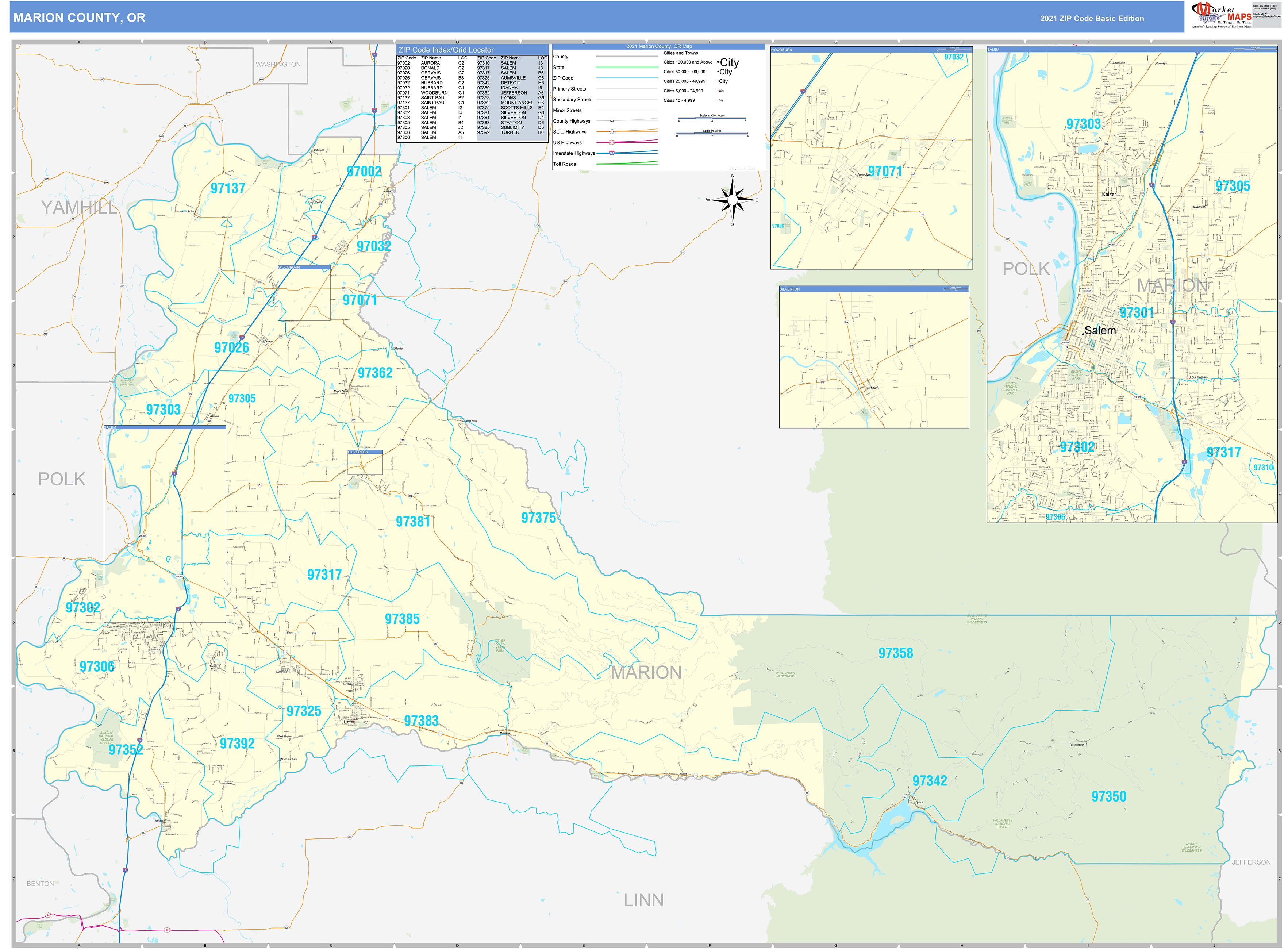 Marion County, OR Zip Code Wall Map Basic Style by MarketMAPS MapSales