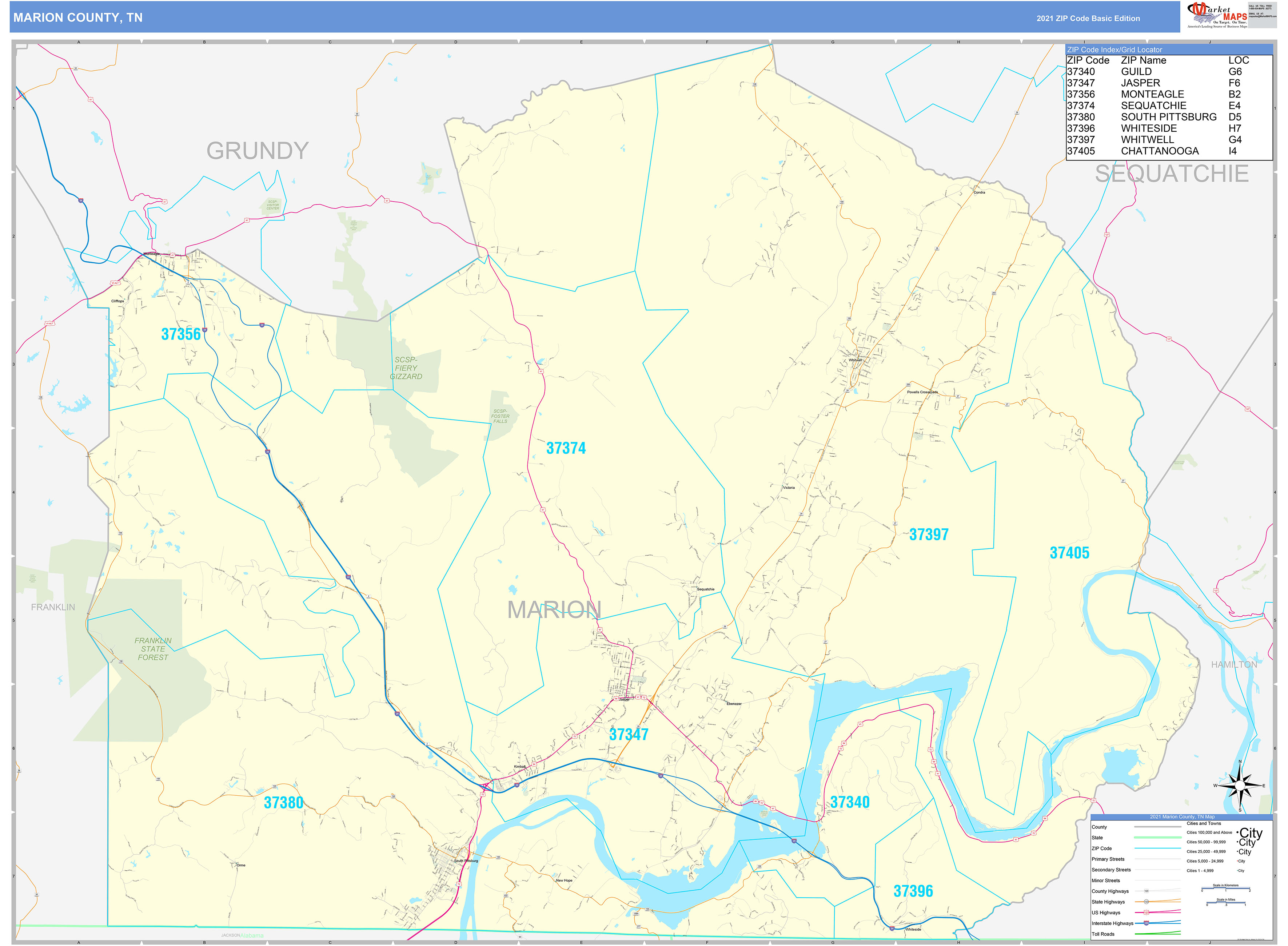 Marion County, TN Zip Code Wall Map Basic Style by MarketMAPS