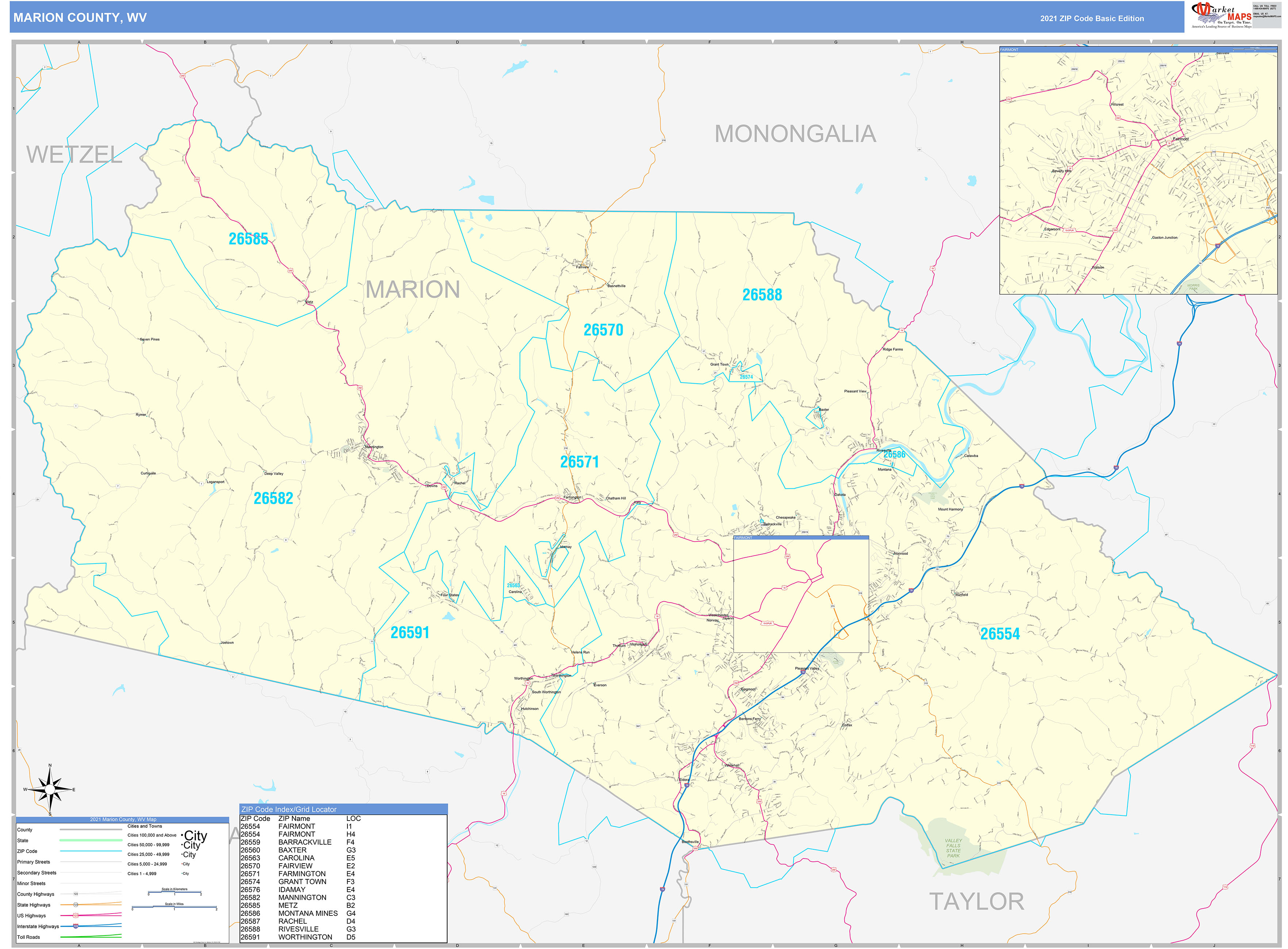 Marion County, WV Zip Code Wall Map Basic Style by MarketMAPS MapSales