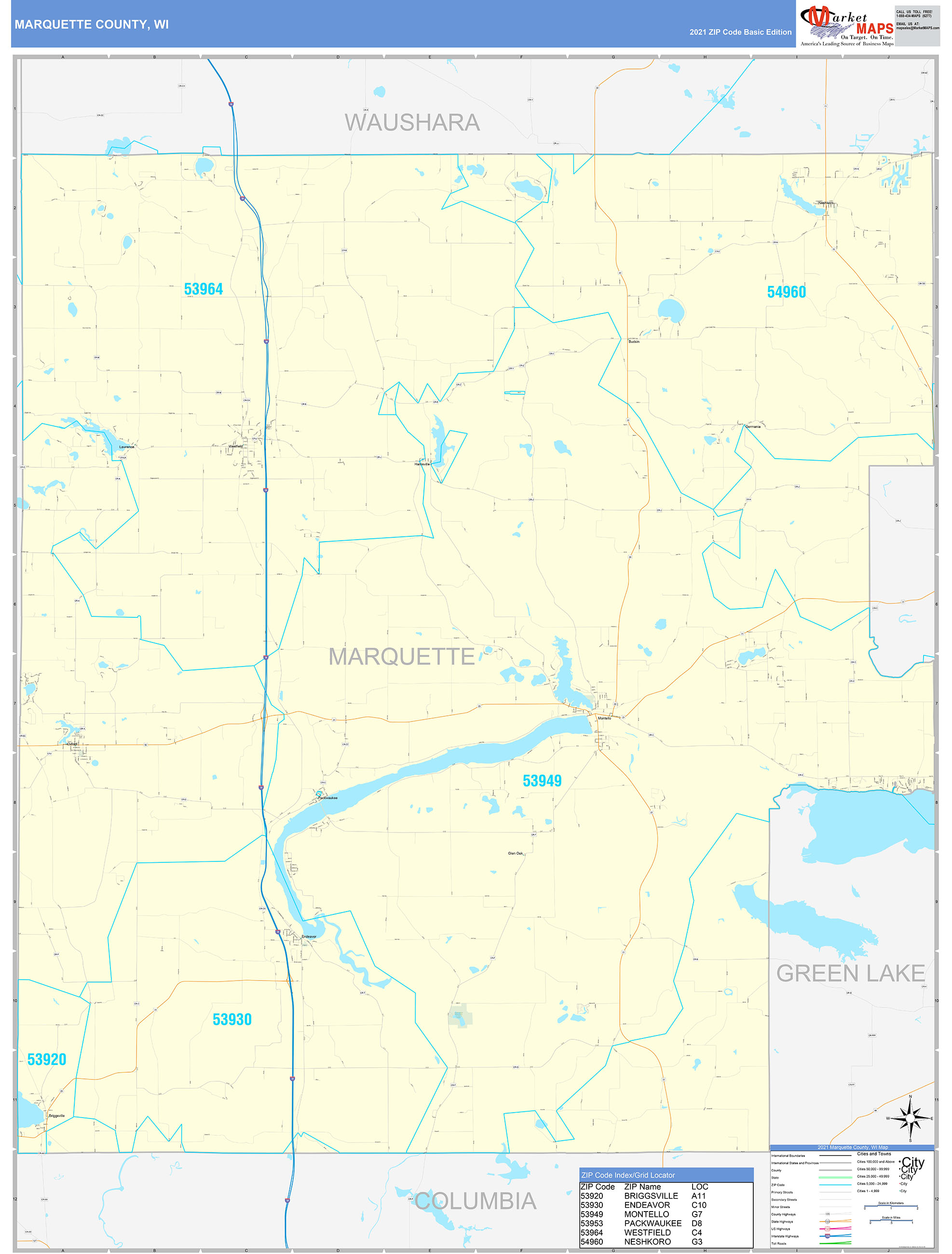 Marquette County, WI Zip Code Wall Map Basic Style by MarketMAPS MapSales