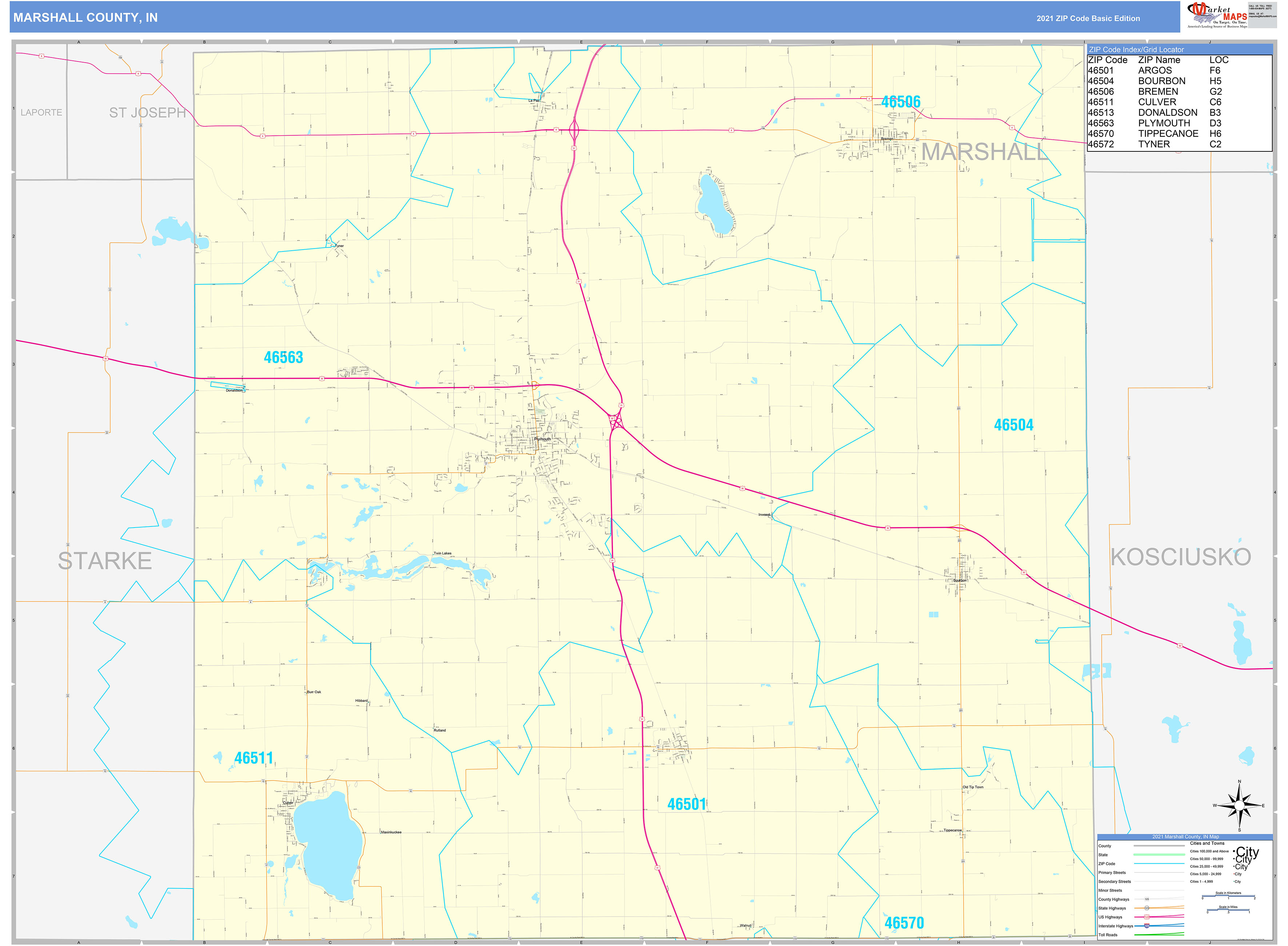 Marshall County, IN Zip Code Wall Map Basic Style by MarketMAPS