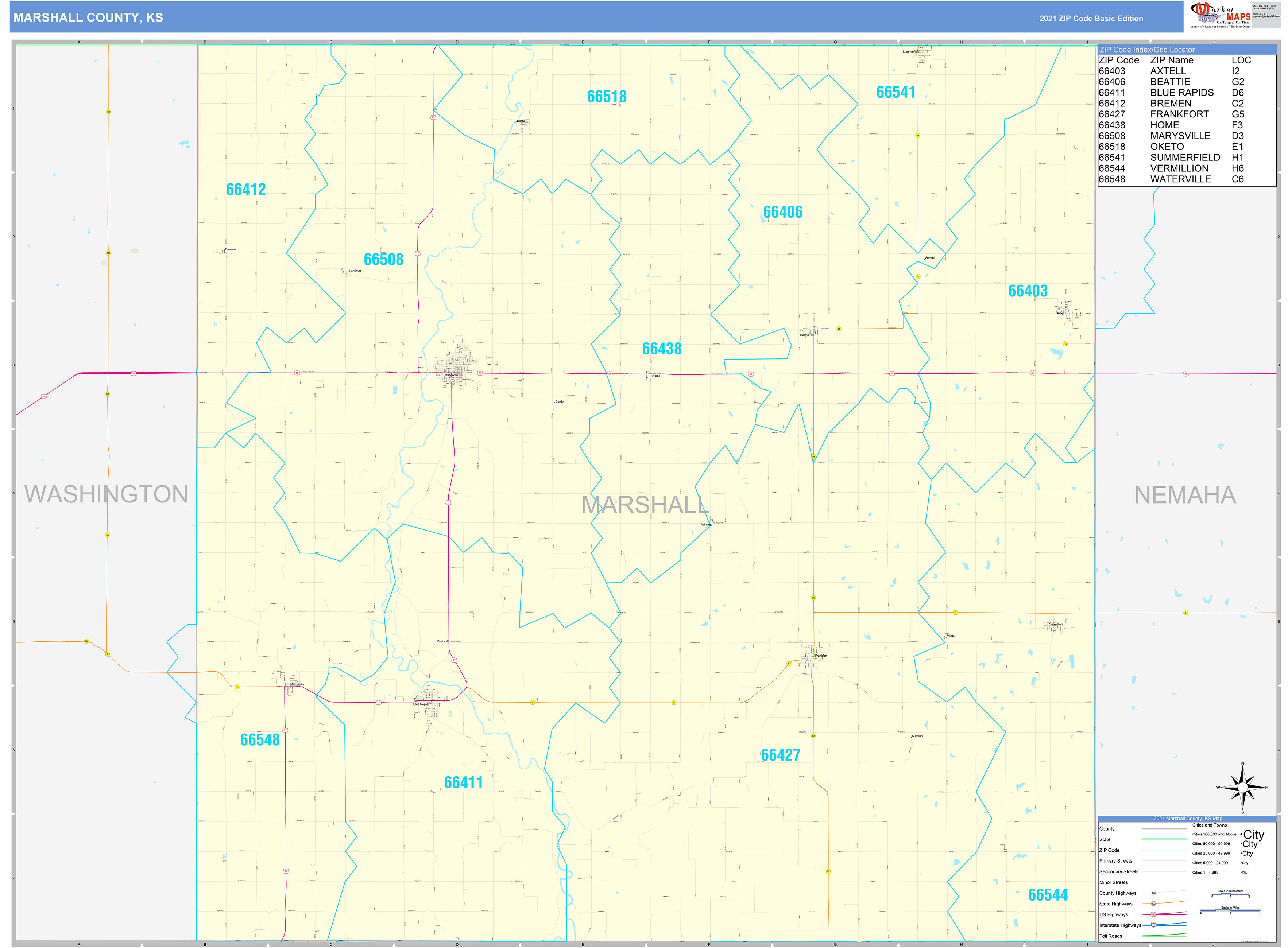 Marshall County, KS Zip Code Wall Map Basic Style by MarketMAPS