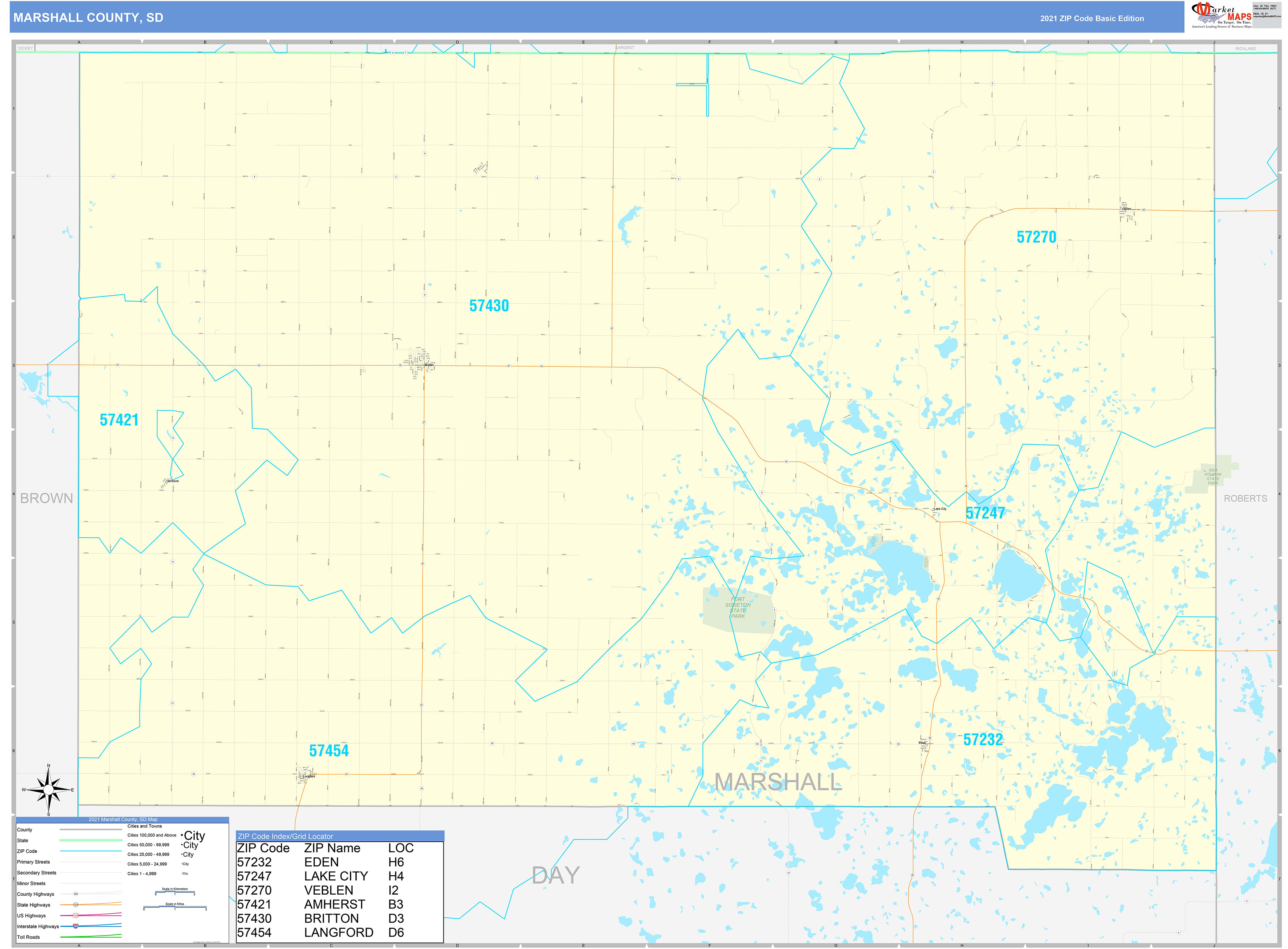 Marshall County, SD Zip Code Wall Map Basic Style by MarketMAPS