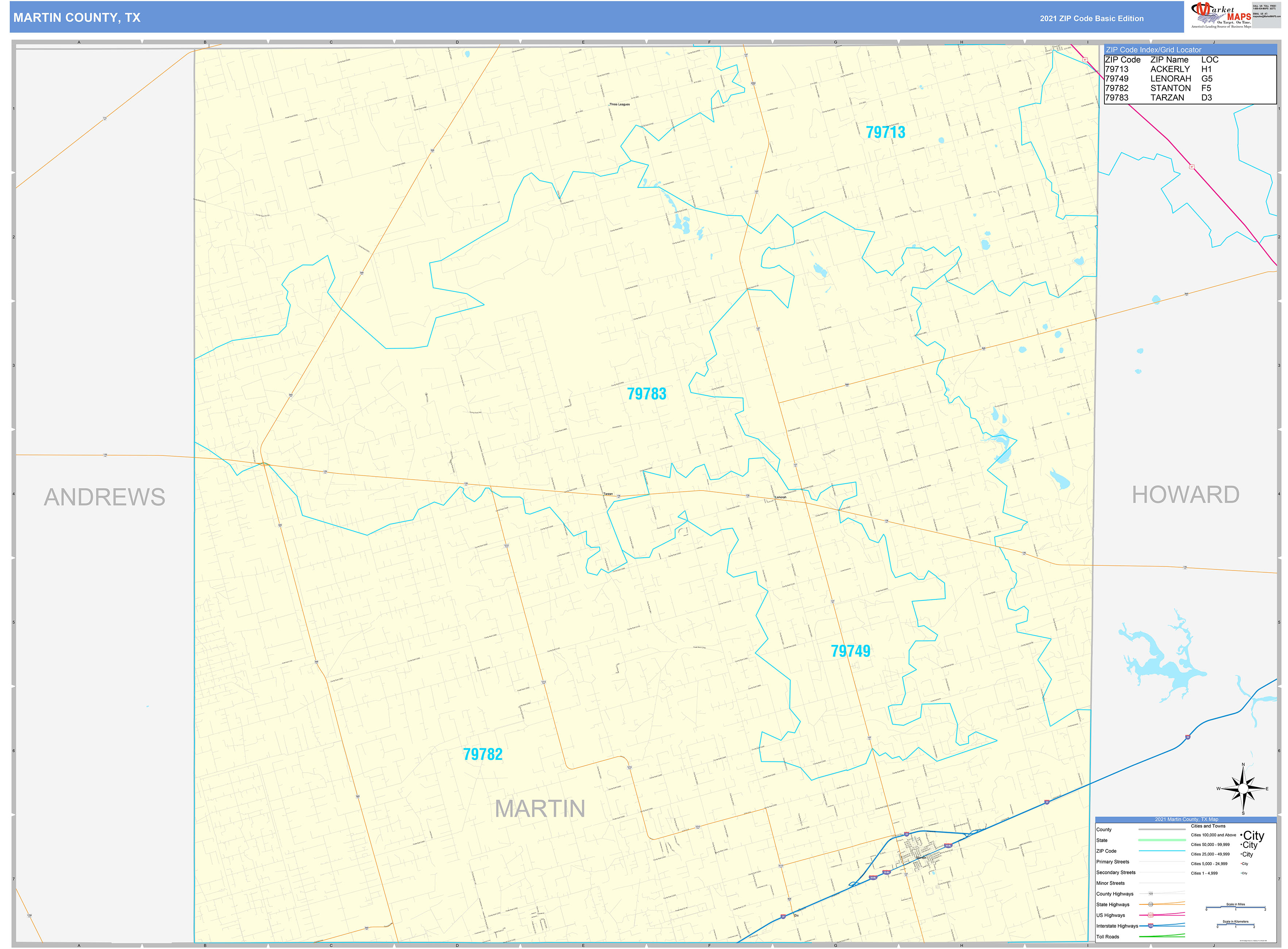 Martin County, TX Zip Code Wall Map Basic Style by MarketMAPS MapSales