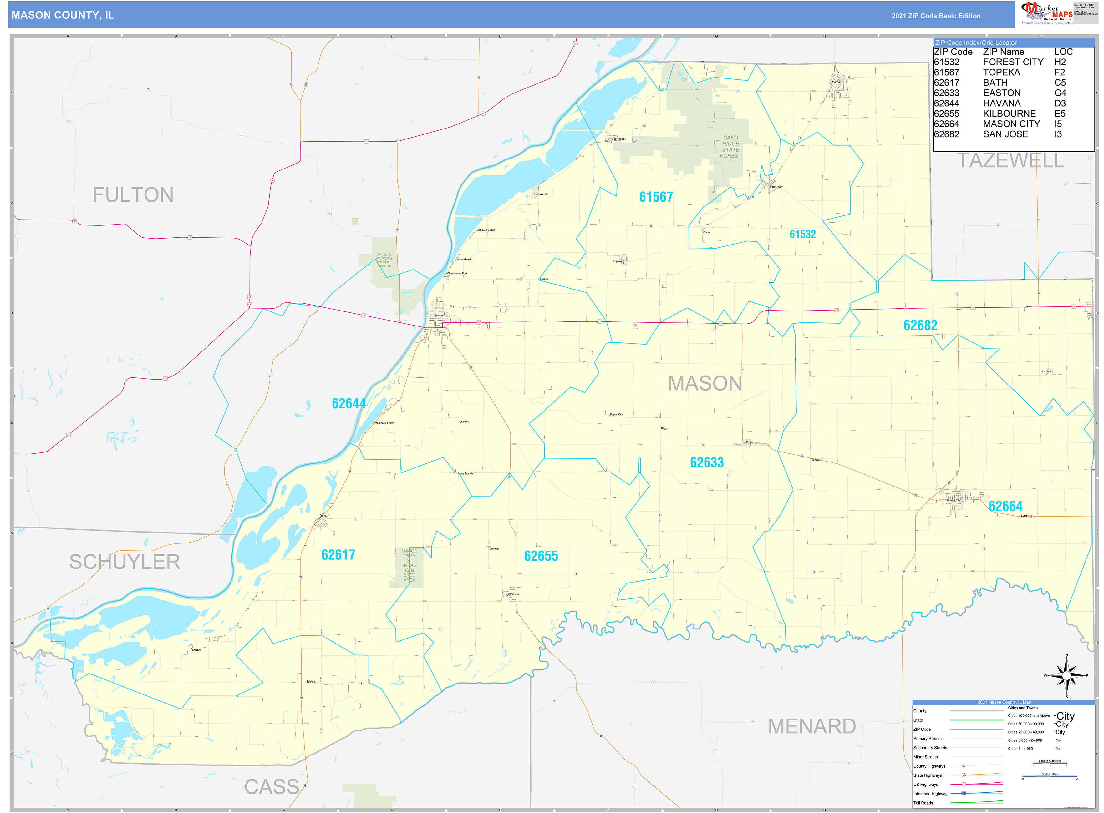 Mason County, IL Zip Code Wall Map Basic Style by MarketMAPS