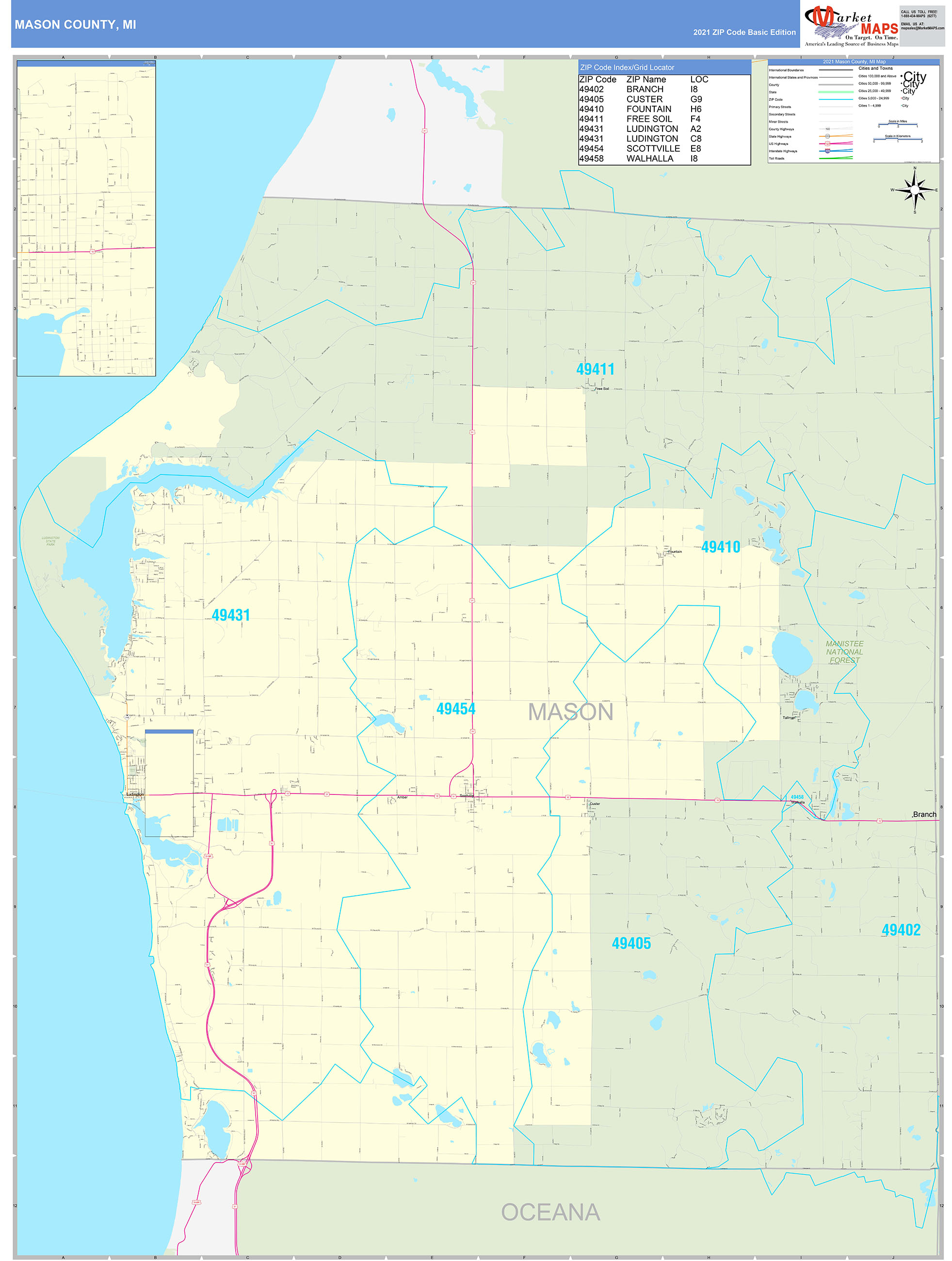 Mason County, MI Zip Code Wall Map Basic Style by MarketMAPS MapSales