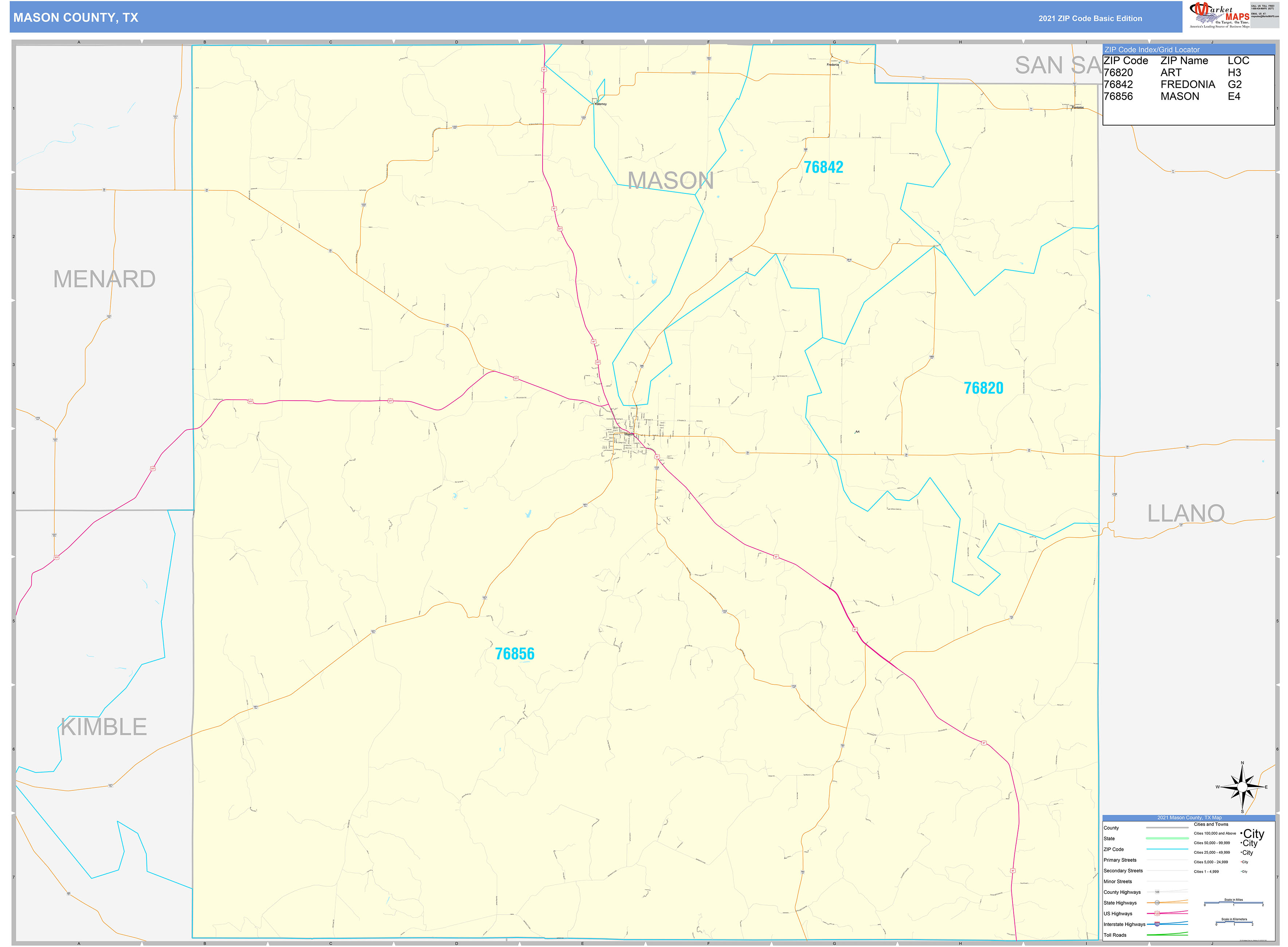 Mason County, TX Zip Code Wall Map Basic Style by MarketMAPS MapSales